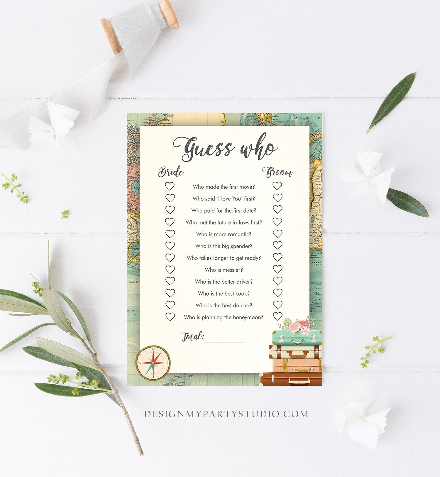 Editable Guess Who Bridal Shower Game Travel Bride Groom Said Wedding Shower Activity Vintage Map Suitcases Corjl Template Printable 0044