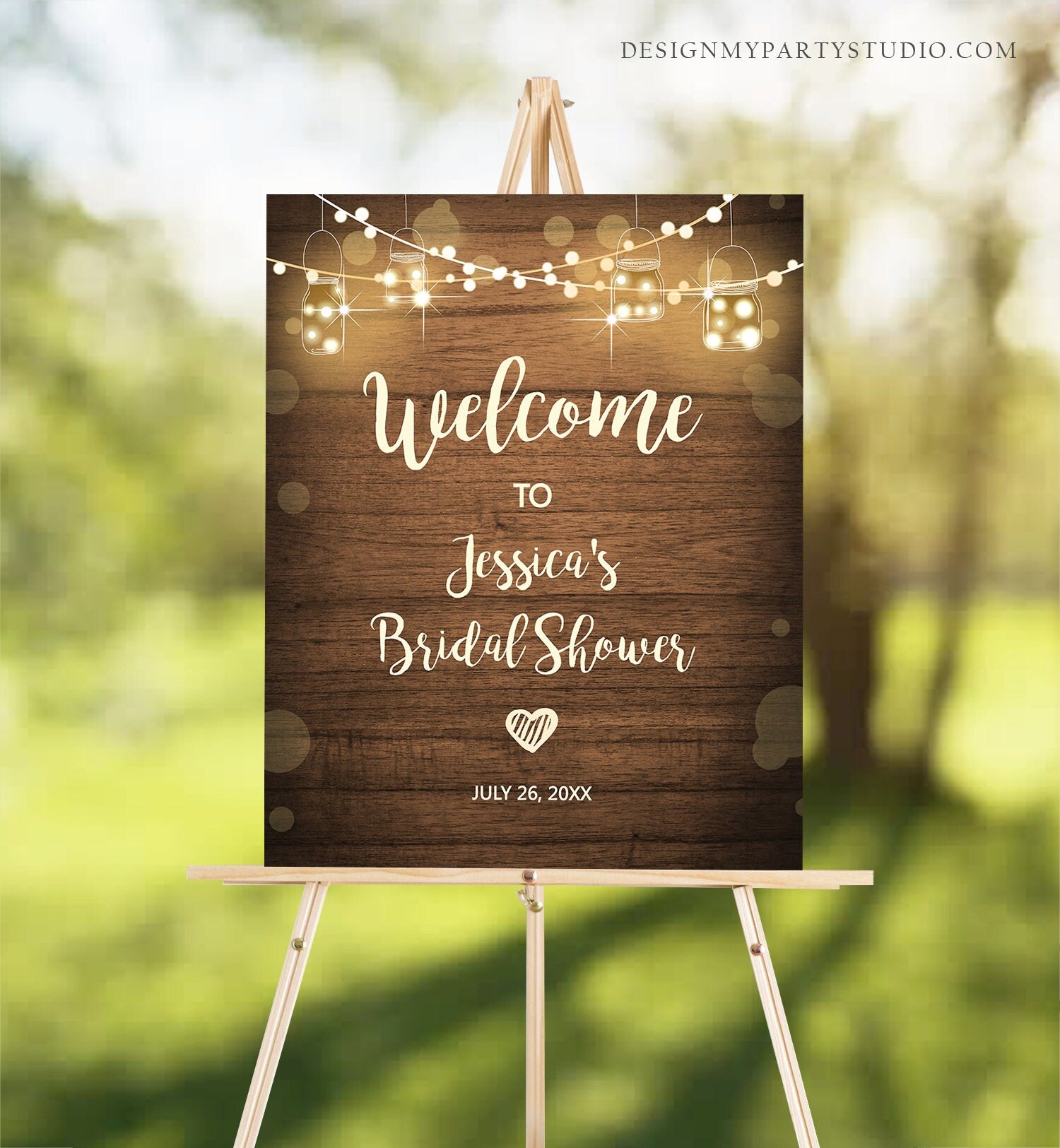 Editable Rustic Wood Welcome Sign Bridal Shower Couples Shower String Lights Jars Wedding Shower Sign Digital Corjl Template Printable 0015