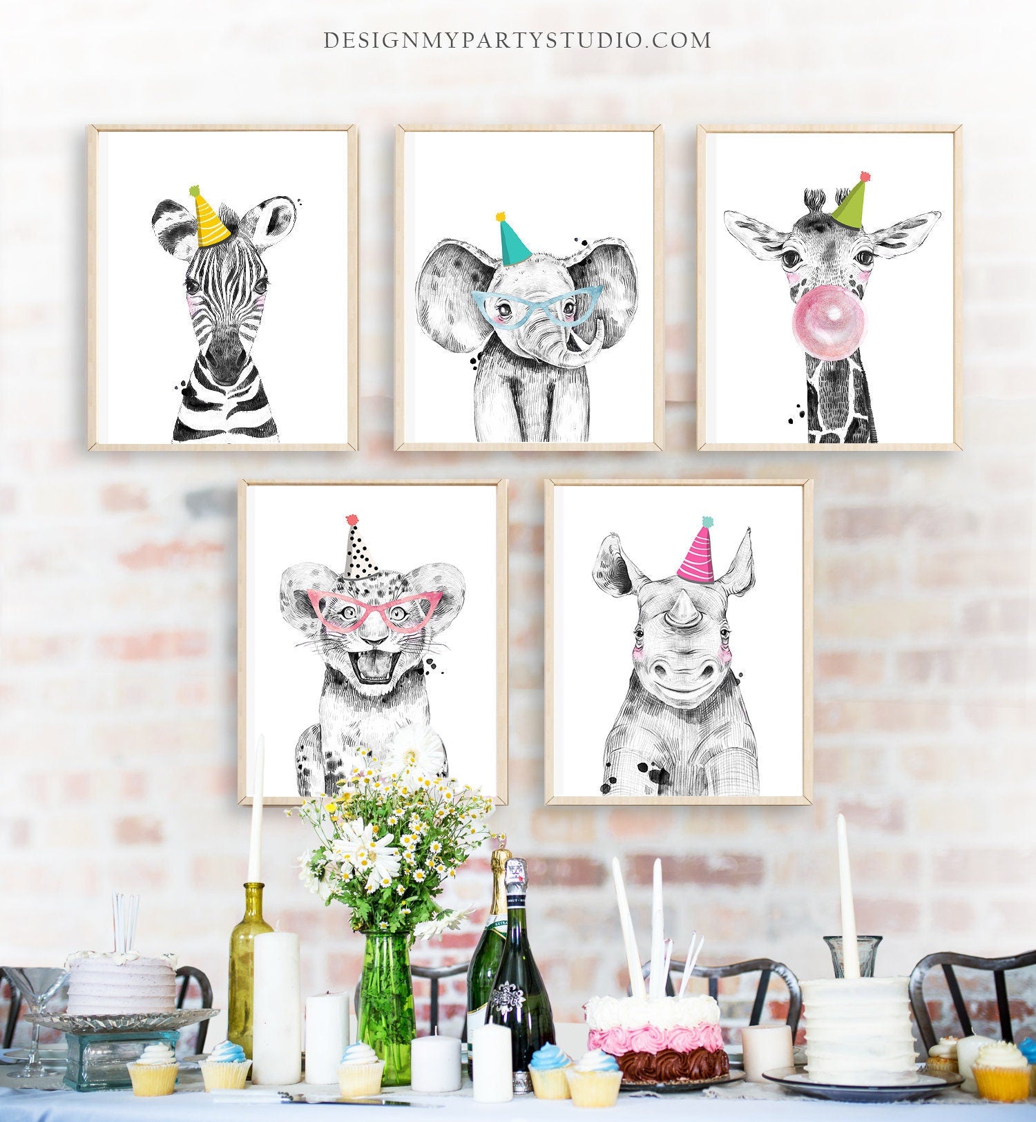 Party Safari Animals Print Set Birthday Decor Wall Art Wild Animals Bubblegum Nursery Animals Decor Jungle Download Printable 0322 0390