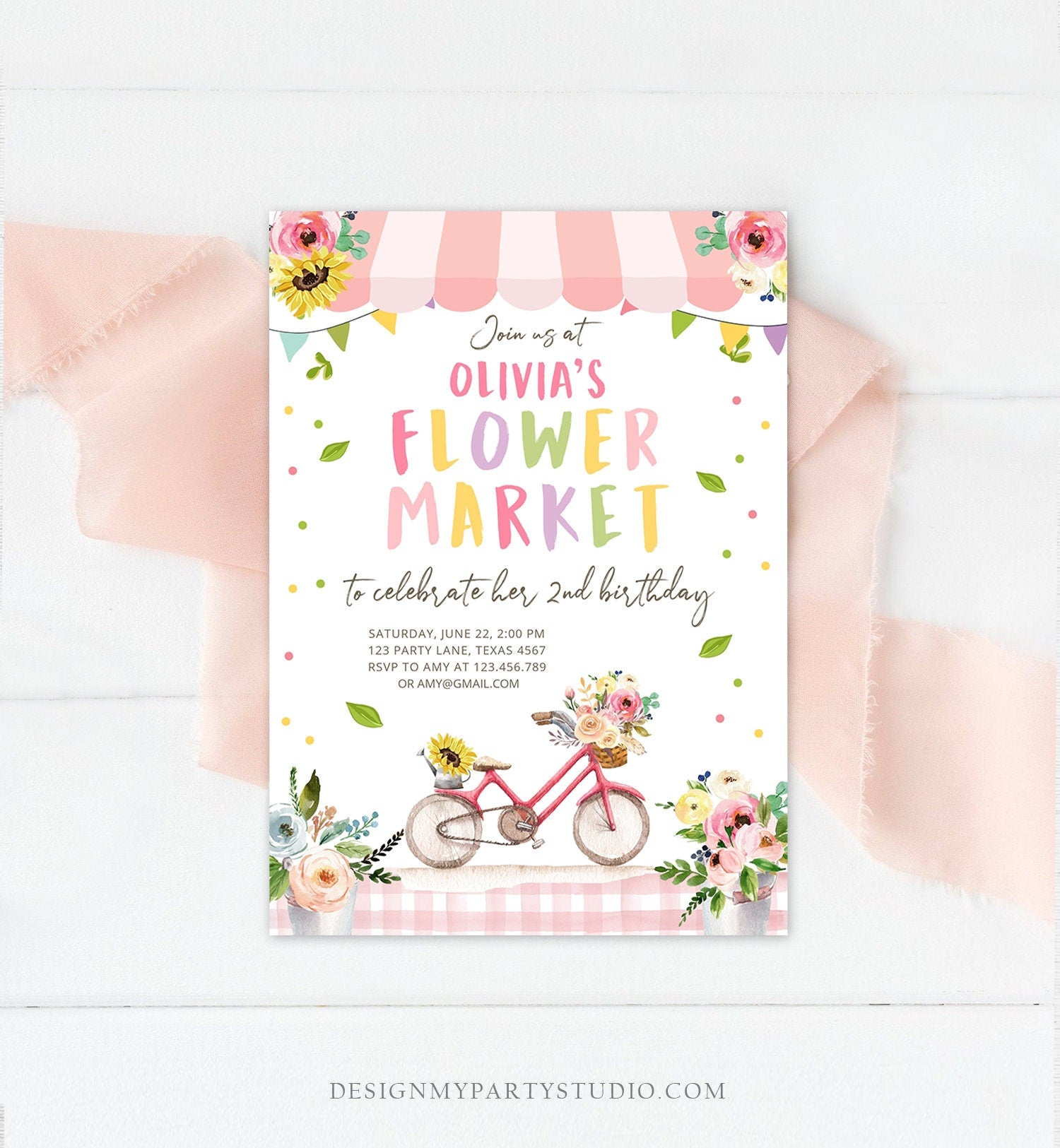 Editable Flower Market Birthday Invitation Home Grown Farmers Farm Floral Market Girl Pink Digital Download Evite Template Printable 0347