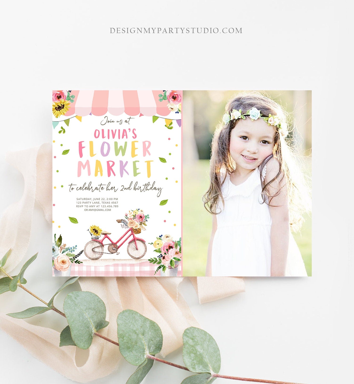 Editable Flower Market Birthday Invitation Home Grown Farmers Farm Floral Market Girl Pink Download Printable Invite Template Corjl 0347