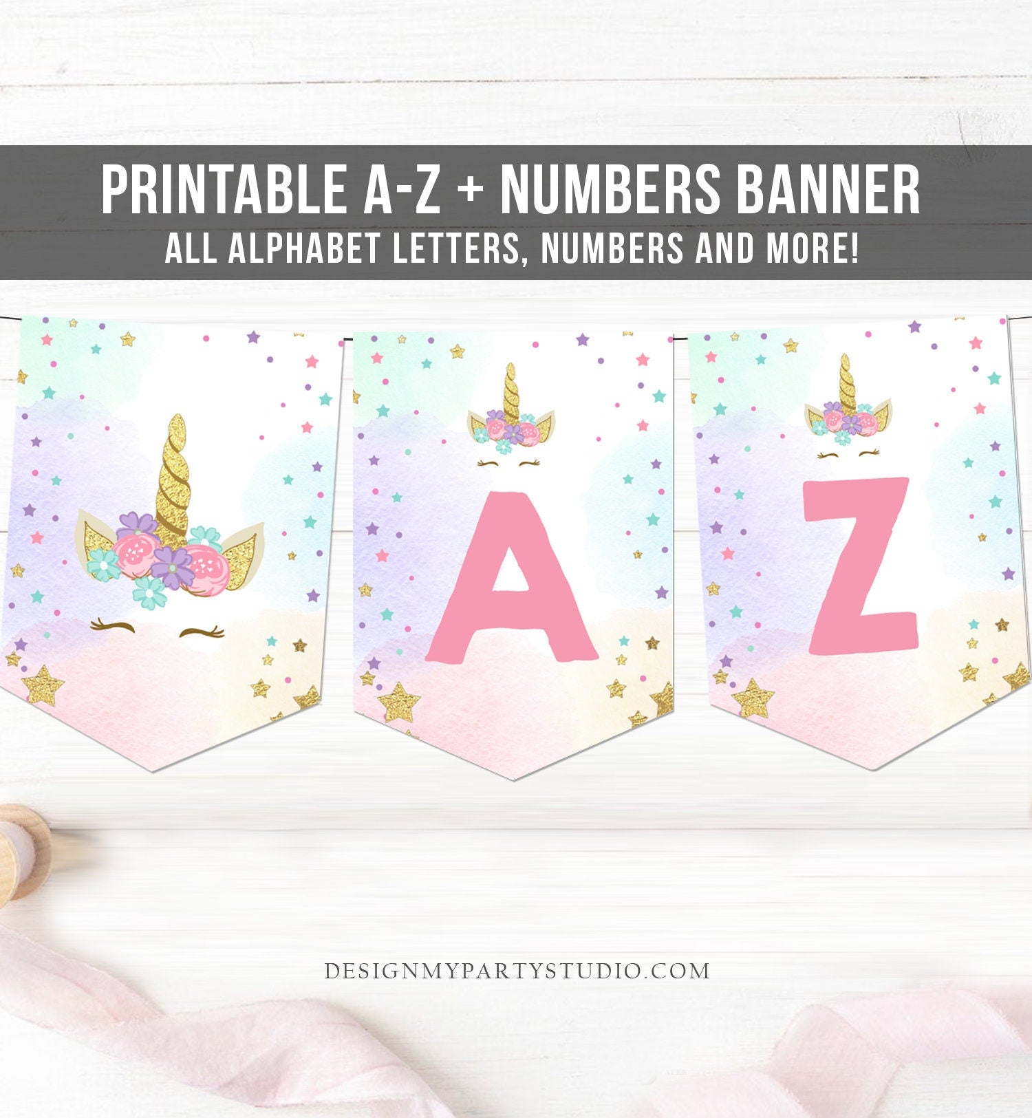 Unicorn Birthday Banner A-Z Alphabet Numbers Banner First Happy Birthday Banner Girl Magical Pink Gold Decor Instant Download Printable 0041