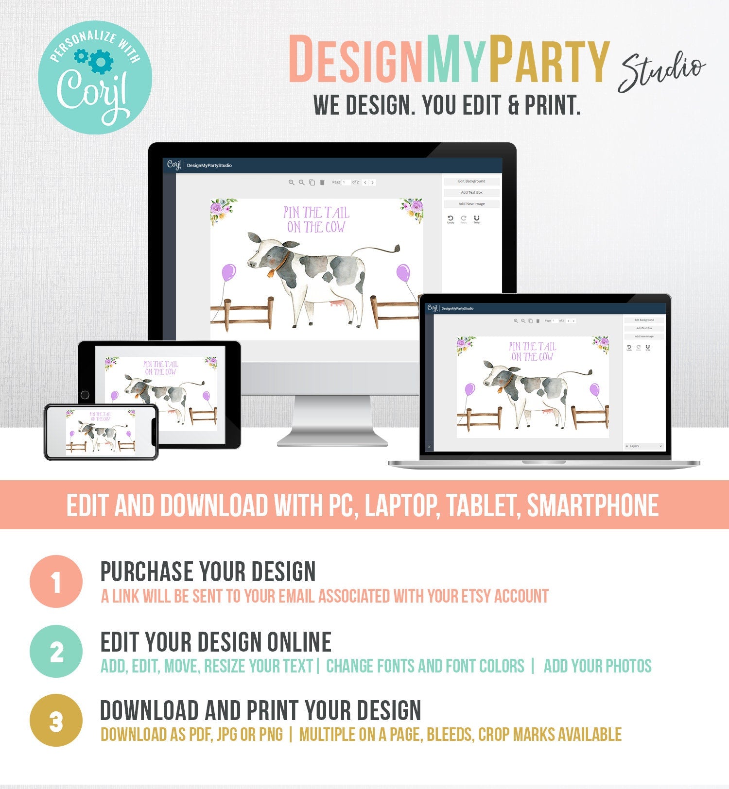 Editable Pin the Tail on the Cow Farm Birthday Game Farm Animals Party Animals Decor Barnyard Instant Download Printable Digital Corjl 0155