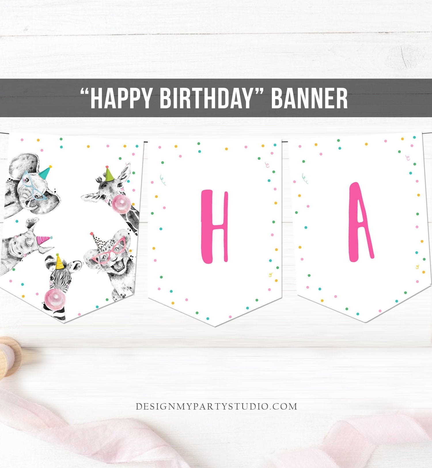 Happy Birthday Banner Safari Animals Pink Party Animals Wild One Birthday Girl Zoo Decorations Instant Download PRINTABLE DIGITAL 0390