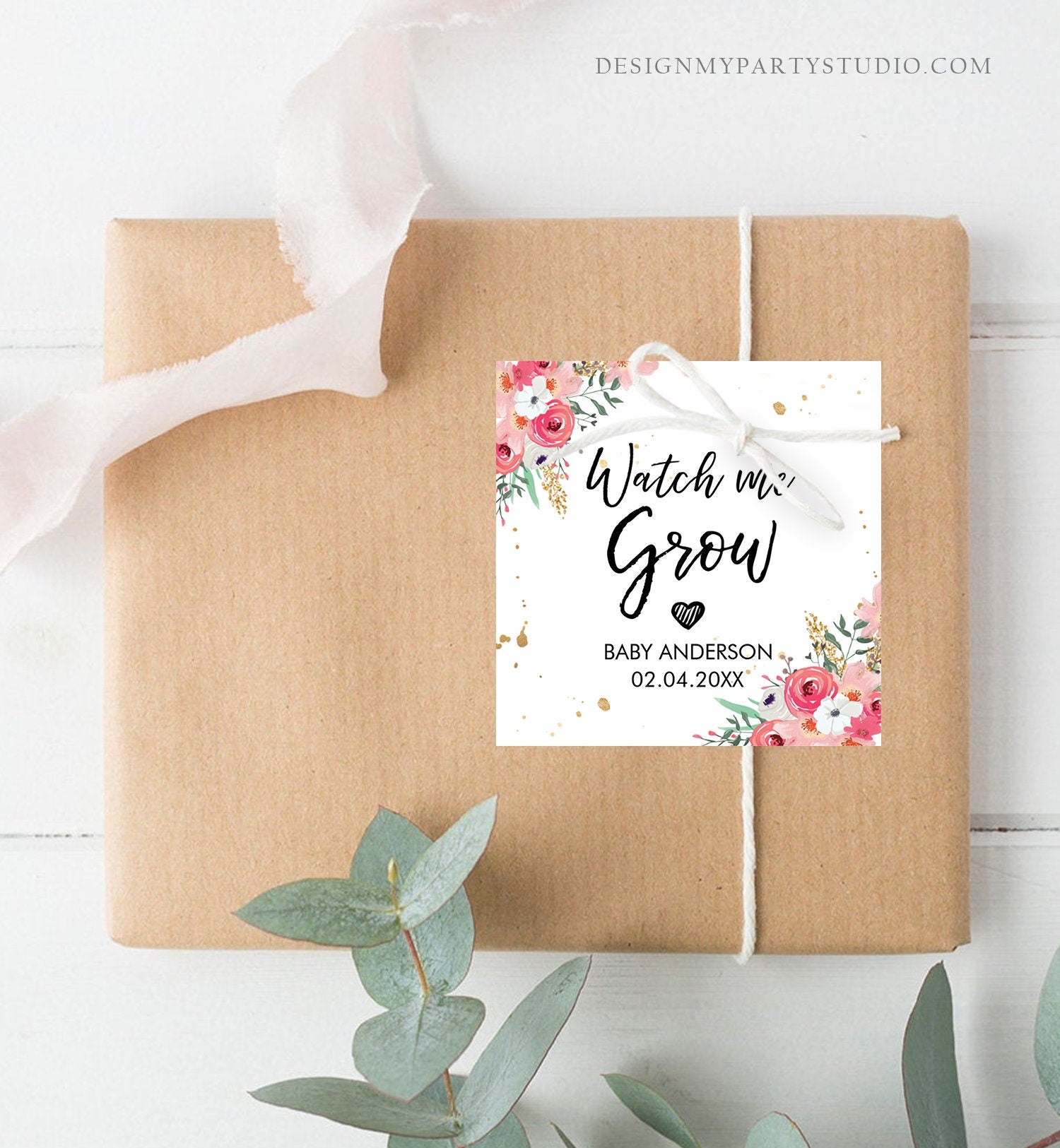 Editable Watch Me Grow Tags Baby Shower Favor Tags Plant Tags Cactus Succulent Thank You Pink Floral Gold Digital Template Printable 0030