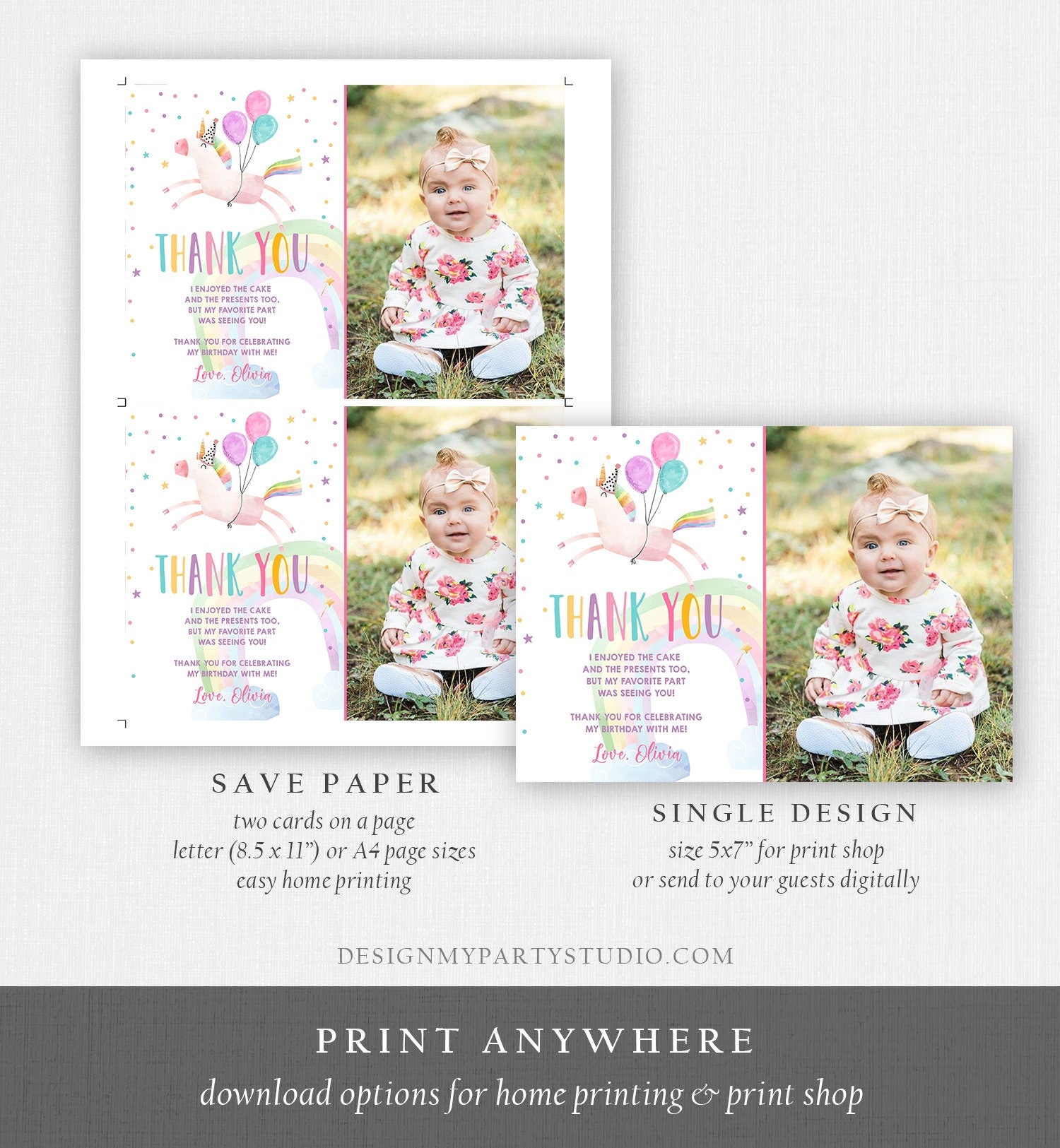 Editable Unicorn Thank You Card Girl Birthday Thank You Note Pink Gold Magical Party Baby Shower Digital Download Template Printable 0336