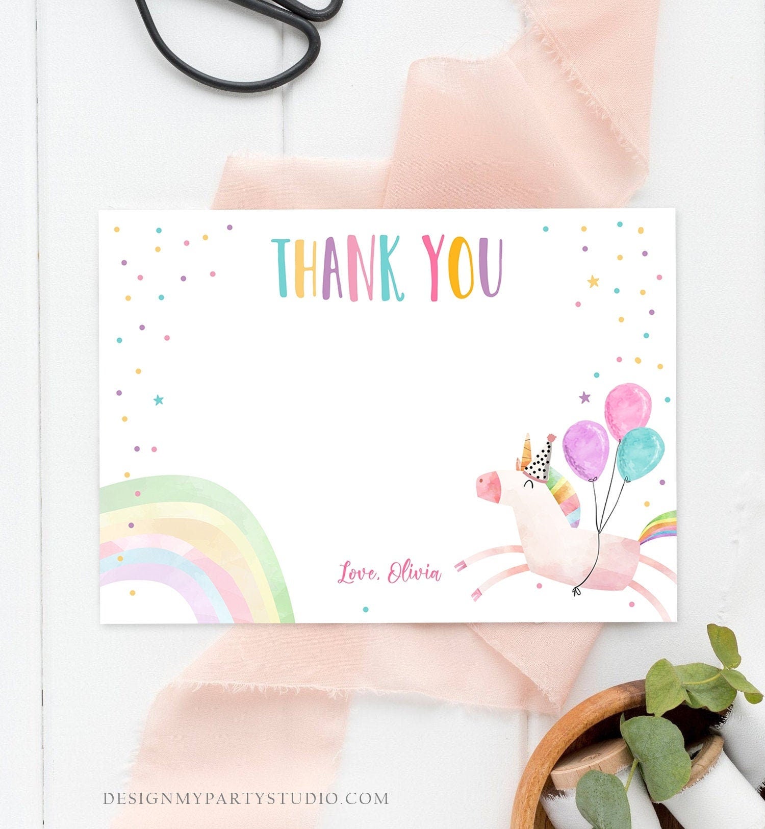 Editable Unicorn Thank You Card Girl Birthday Thank You Note Pink Gold Magical Party Baby Shower Download Corjl Template Printable 0336