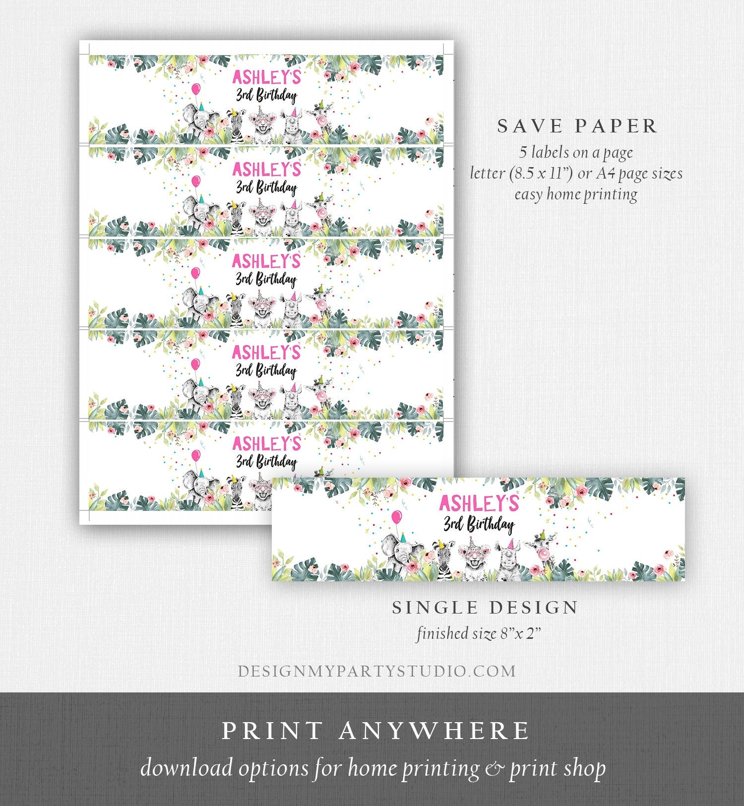 Editable Water Bottle Labels Party Animals Birthday Wild One Birthday Decor Safari Animals Zoo Bottle Labels Digital Template Printable 0322