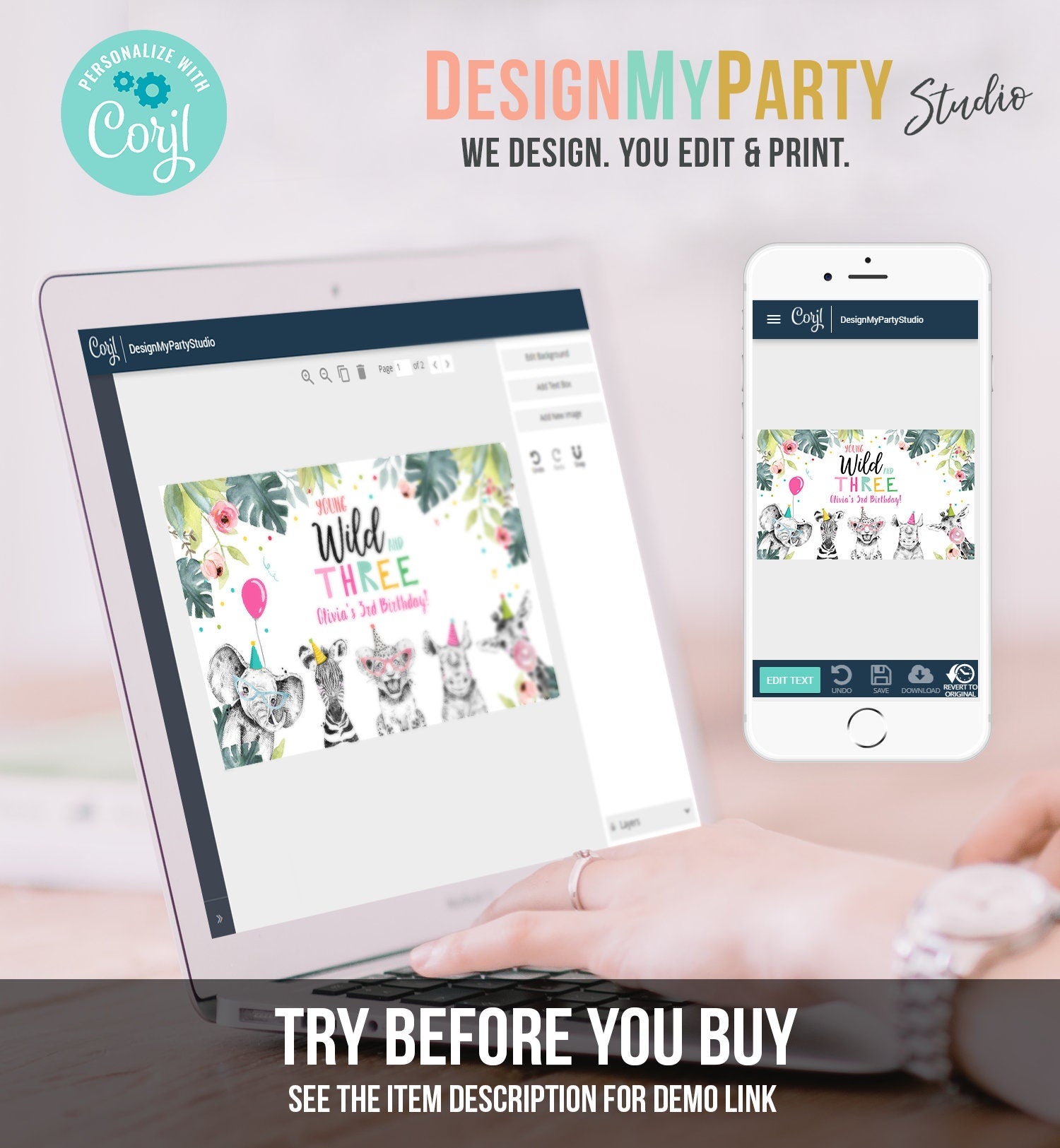 Editable Party Animals Birthday Backdrop Banner Safari Animals Girl Pink Wild and Three Sign Digital Download Template Printable 0322