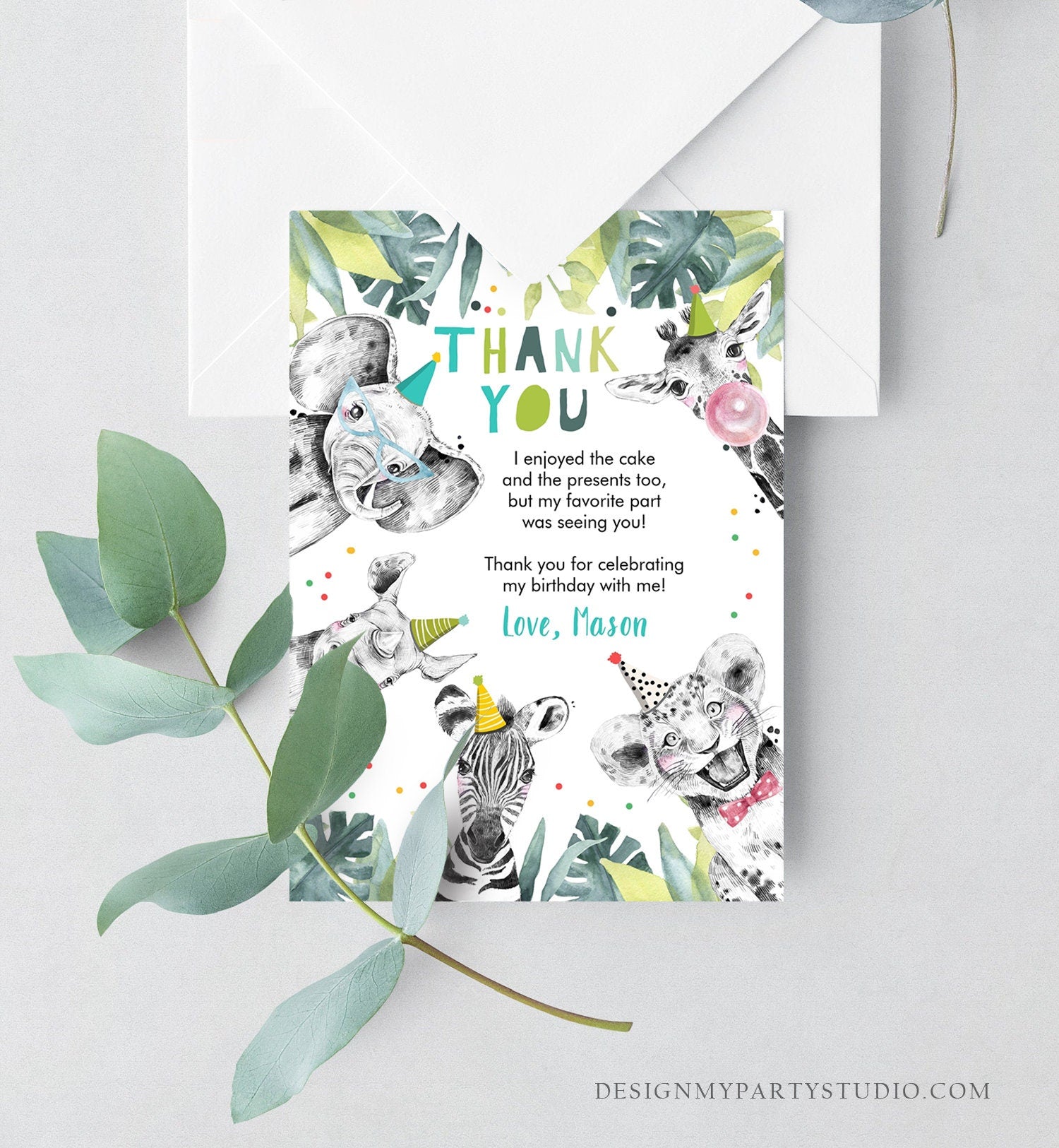 Editable Thank You Card Safari Animals Wild One Two Wild Thank You Note Boy Blue Gold Party Animals Digital Template Printable 0322