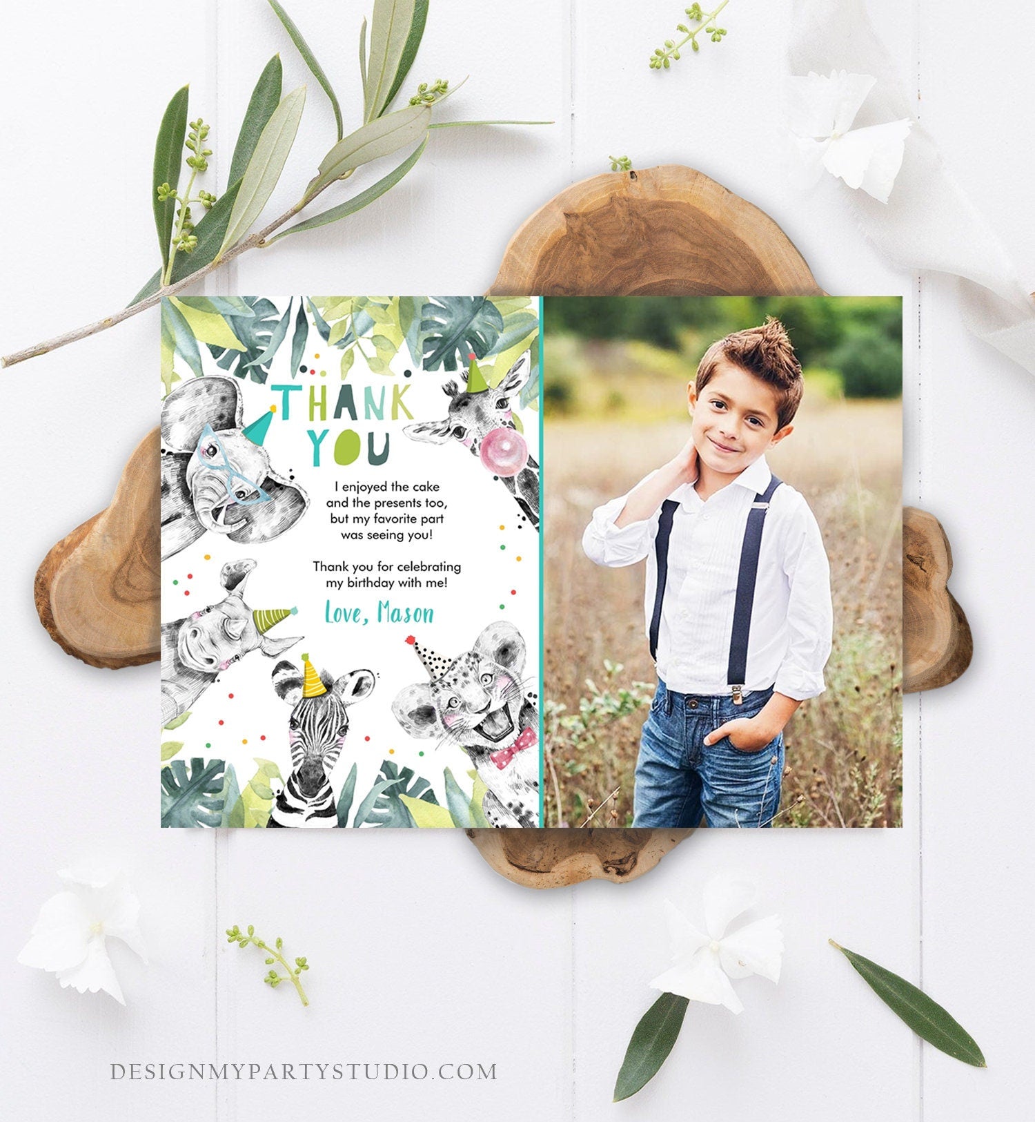 Editable Thank You Card Safari Animals Wild One Two Wild Thank You Note Boy Blue Gold Jungle Zoo Party Animals Corjl Template Digital 0322
