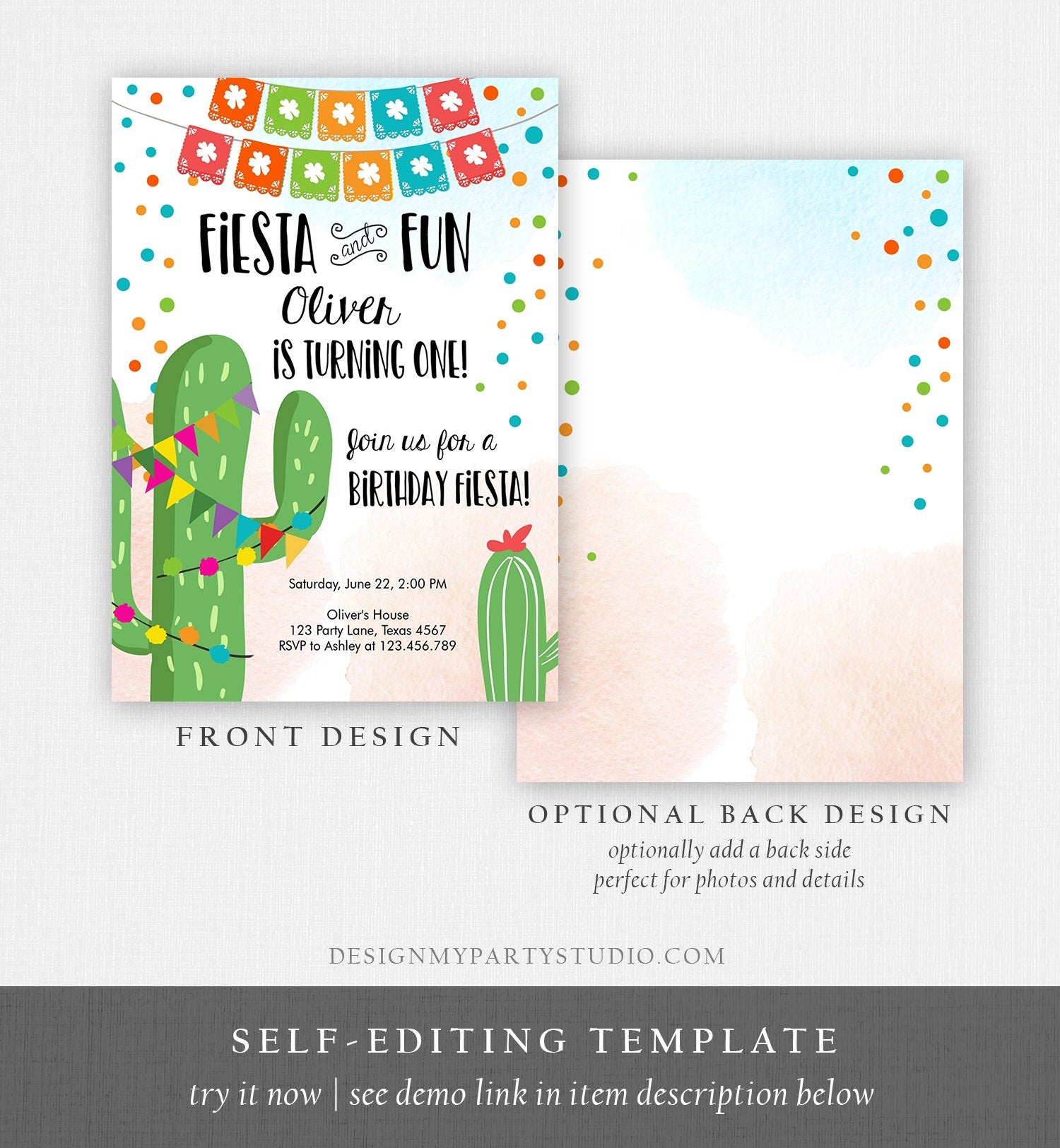Editable Fiesta and Fun Birthday Invitation First Birthday Cactus Garland Blue Boy ANY AGE Digital Download Evite Template Printable 0135