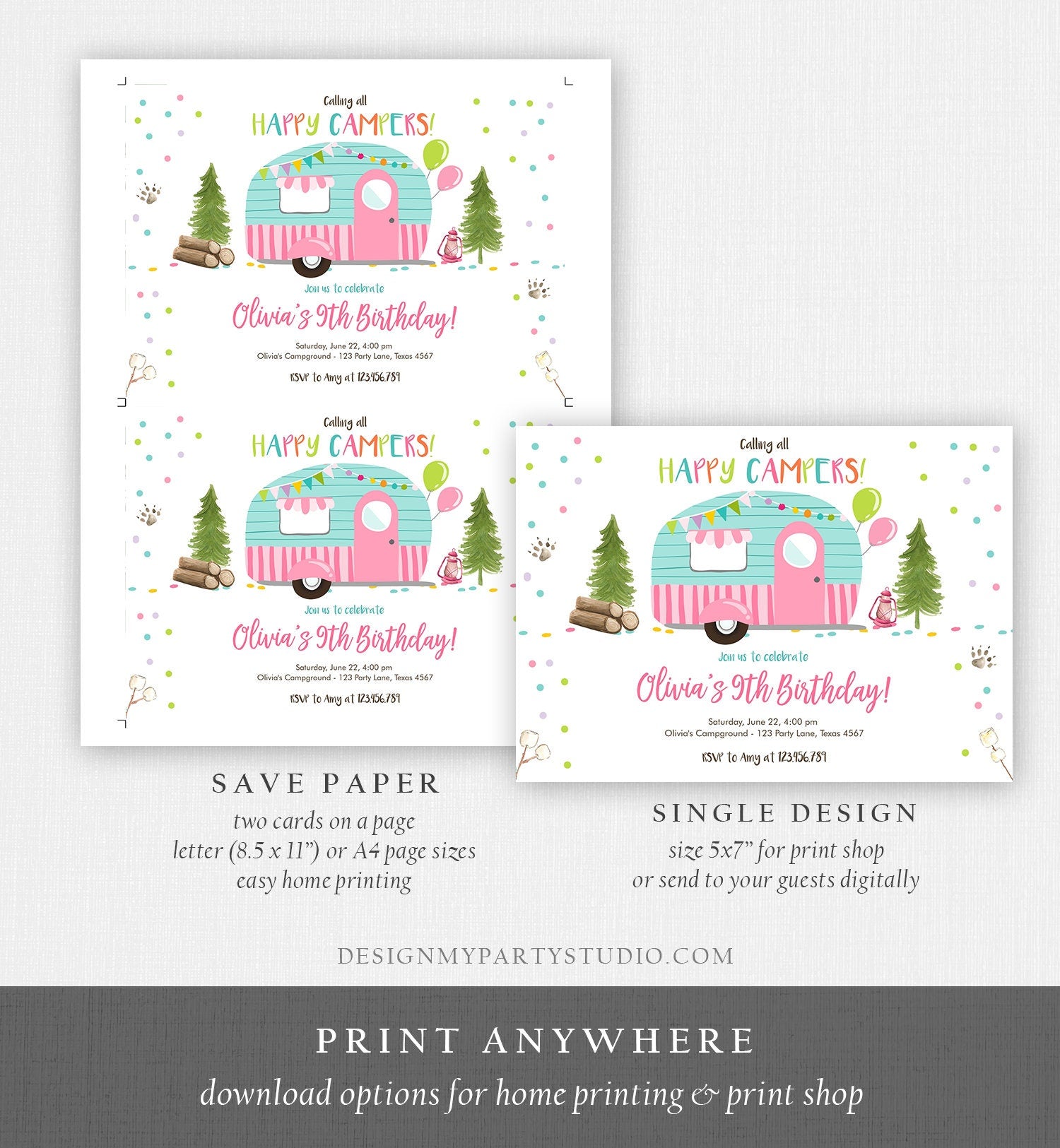 Editable Happy Camper Birthday Invitation Girl Pink Camping Party Pink Camper Glamping Digital Download Evite Template Printable 0342