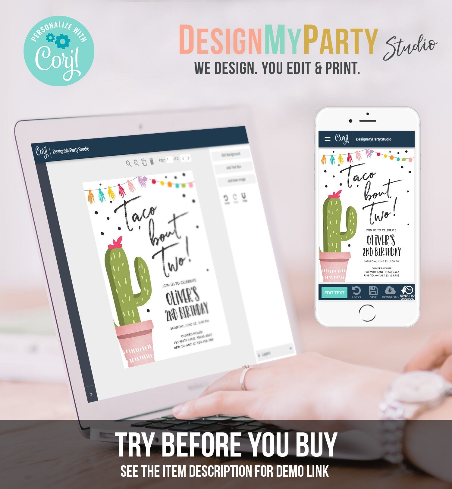 Editable Taco Bout a Party Birthday Invitation ANY AGE Girl Boy Cactus Fiesta Mexican Second Birthday Download Printable Corjl Template 0254