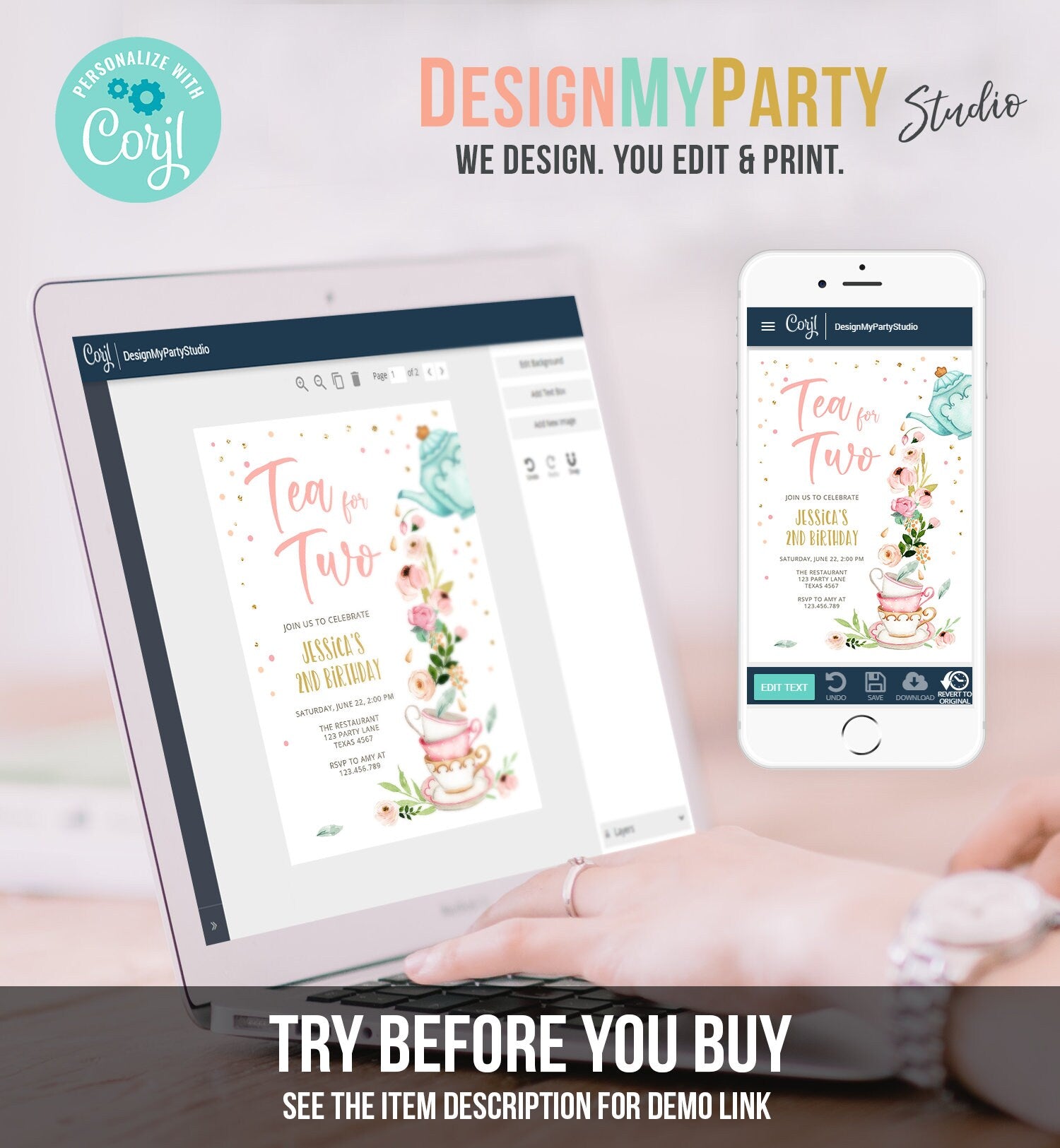 Editable Tea for Two Birthday Invitation Girl Tea Party Invite Pink Gold Floral Peach Pink Digital Download Evite Template Printable 0349