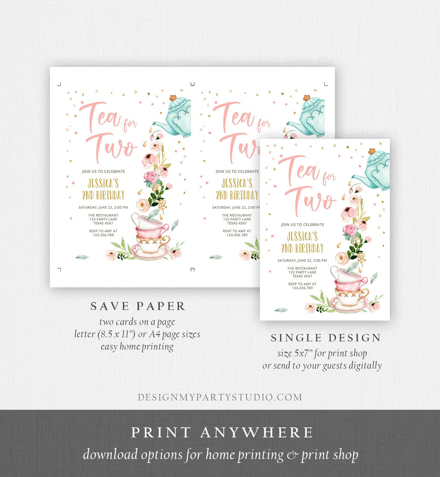 Editable Tea for Two Birthday Invitation Girl Tea Party Invite Pink Gold Floral Peach Pink Digital Download Evite Template Printable 0349