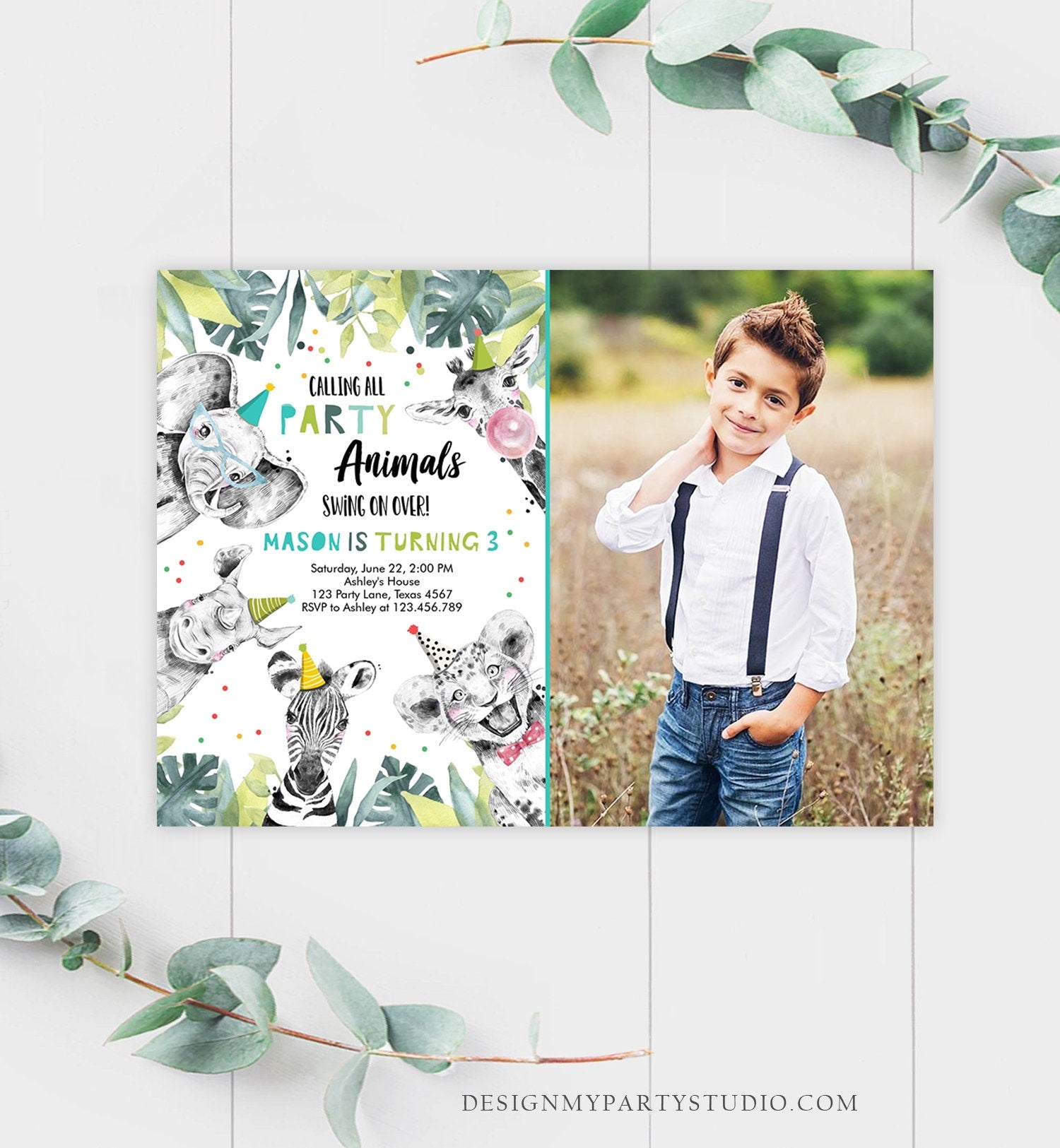Editable Party Animals Birthday Invitation Wild One Animals Invitation Zoo Safari Animals Boy Digital Download Template Printable 0322