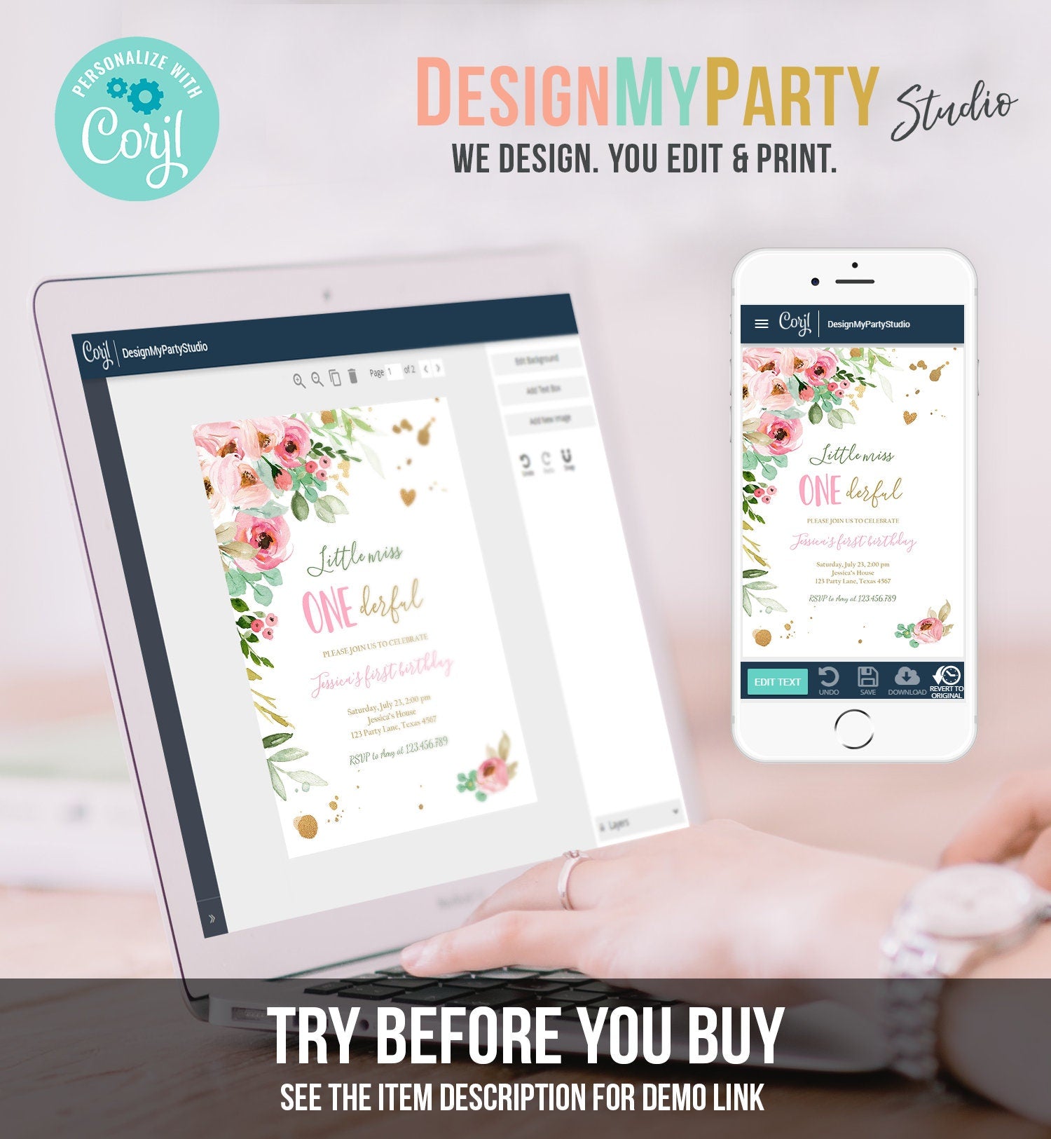 Editable Little Miss Onederful Birthday Invitation 1st Birthday Girl Pink Gold Floral Download Printable Template Corjl Digital 0147