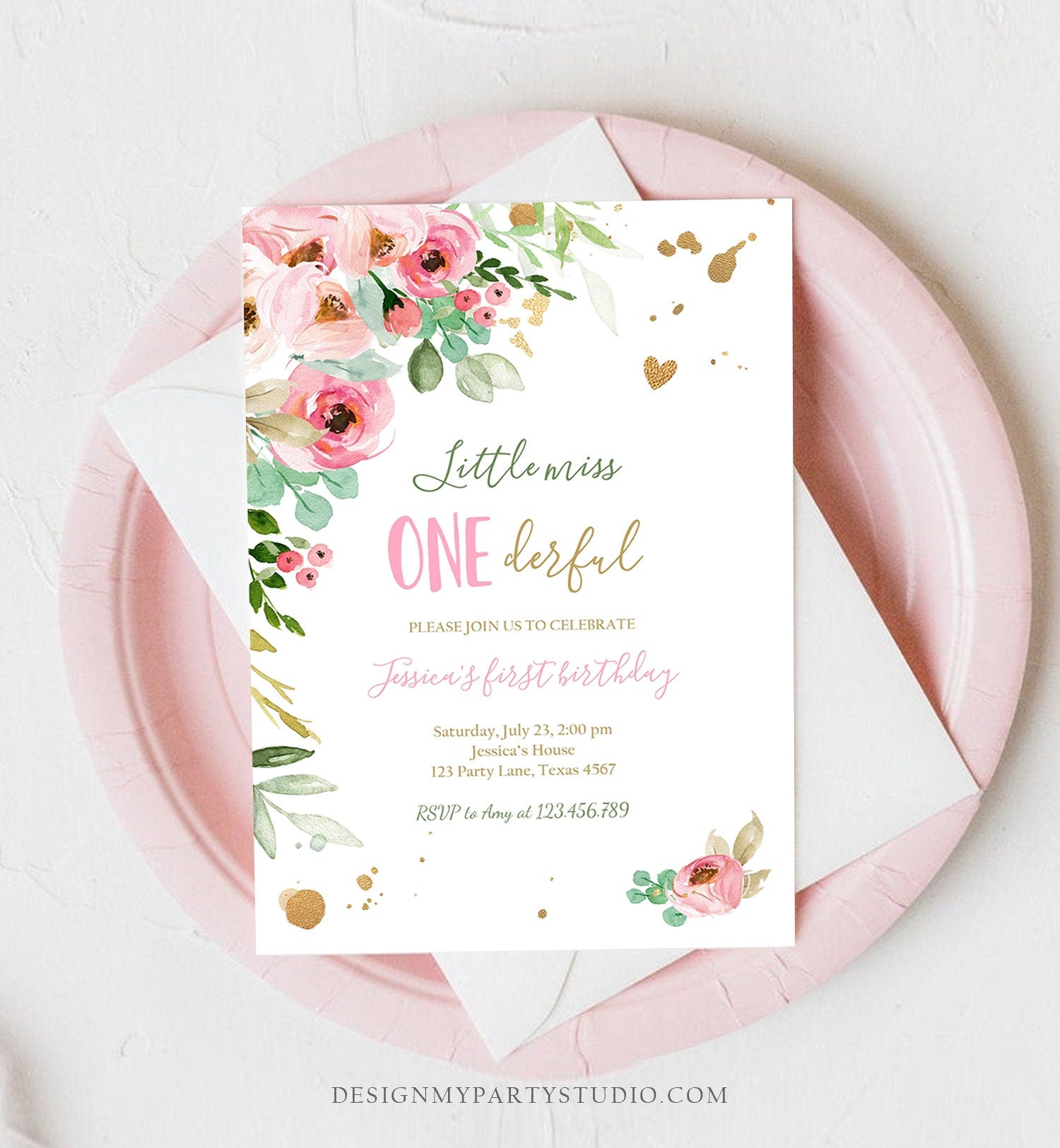Editable Little Miss Onederful Birthday Invitation 1st Birthday Girl Pink Gold Floral Download Printable Template Corjl Digital 0147