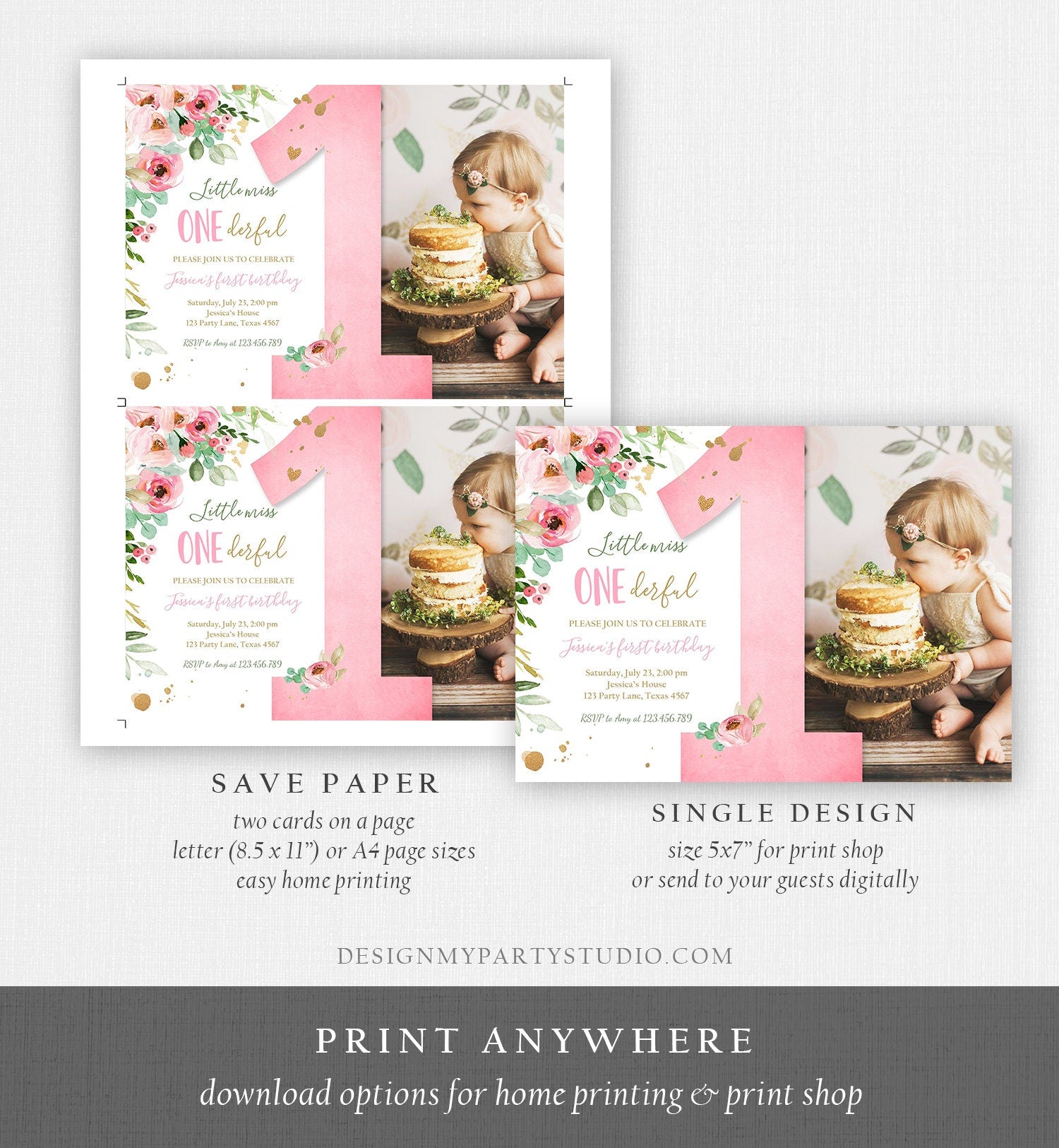 Editable Little Miss Onederful Birthday Invitation 1st Birthday Girl Blush Pink Gold Floral Digital Download Evite Template Printable 0147
