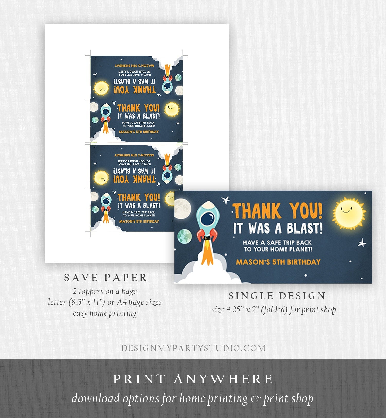 Editable Outer Space Birthday Treat Bag Toppers Rocket Galaxy Favors Thank You It Was a Blast Sun Astronaut Blast Off Digital Template 0046