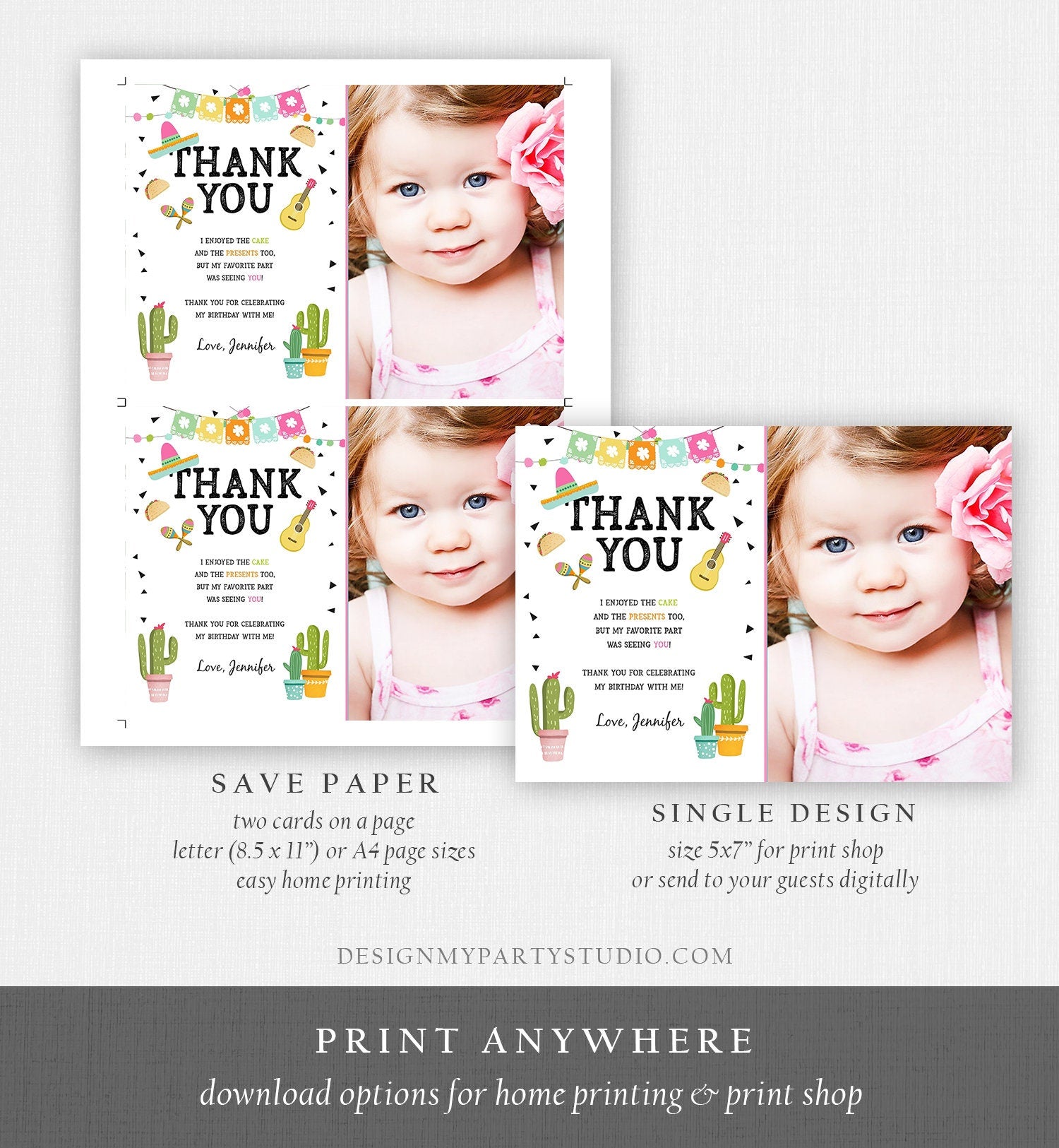 Editable Taco Fiesta Thank You Card Birthday Party Baby Bridal Shower Cactus Succulent Mexican Green Girl Digital Template Printable 0161