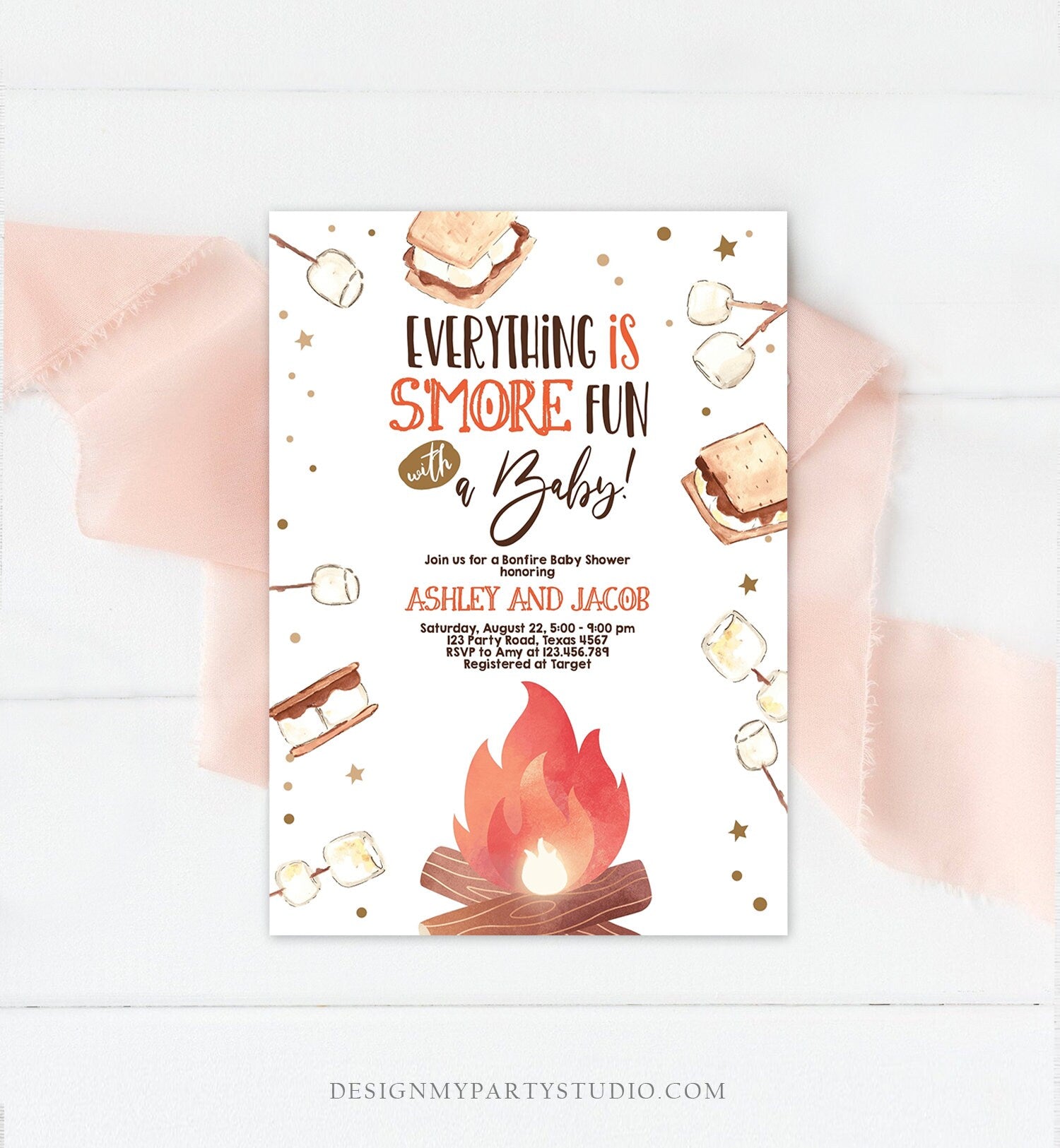 Editable S'more Baby Shower Invitation Bonfire Baby Shower Autumn Couples Shower Fall Smores Digital Download Evite Template Printable 0179