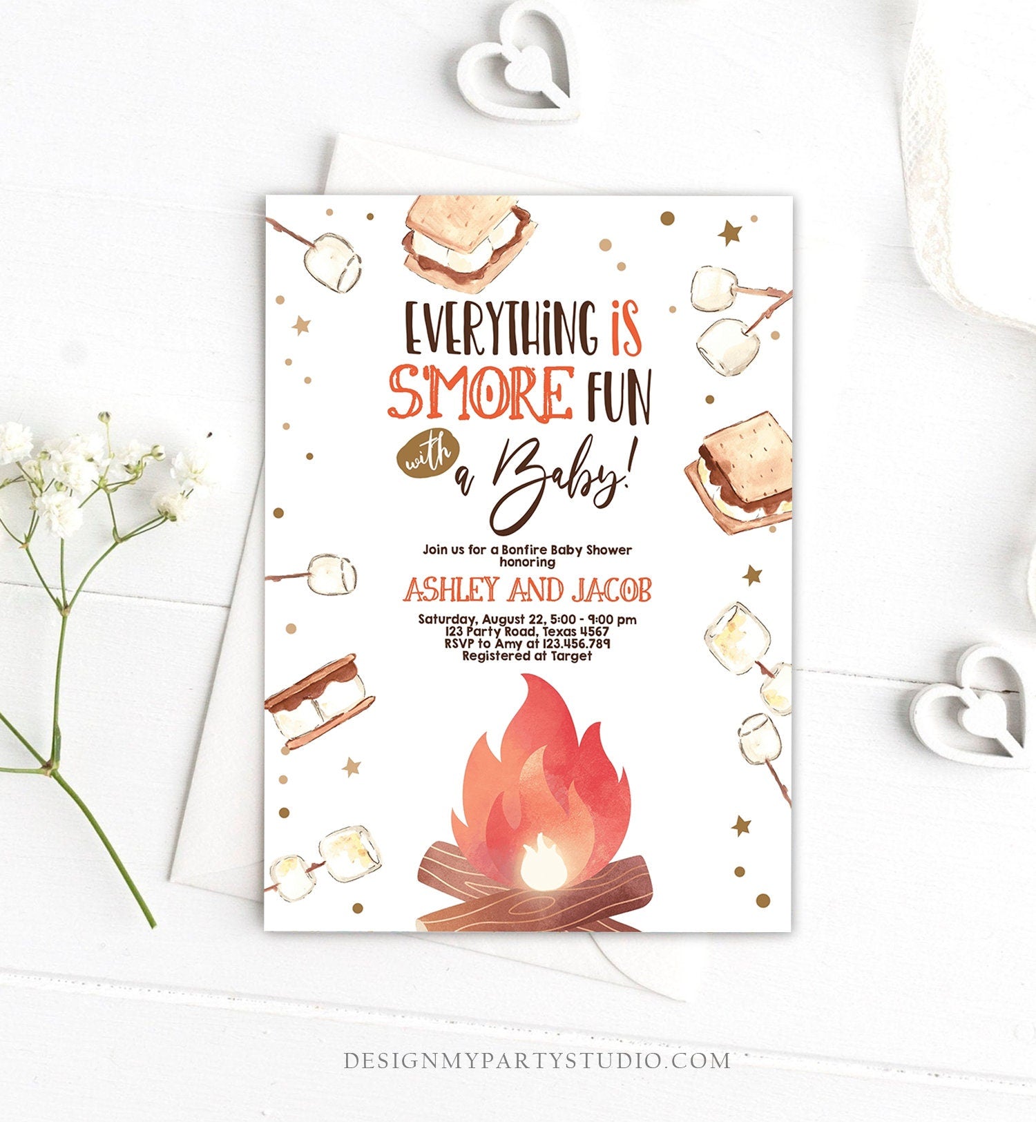 Editable S'more Baby Shower Invitation Bonfire Baby Shower Autumn Couples Shower Fall Smores Digital Download Evite Template Printable 0179