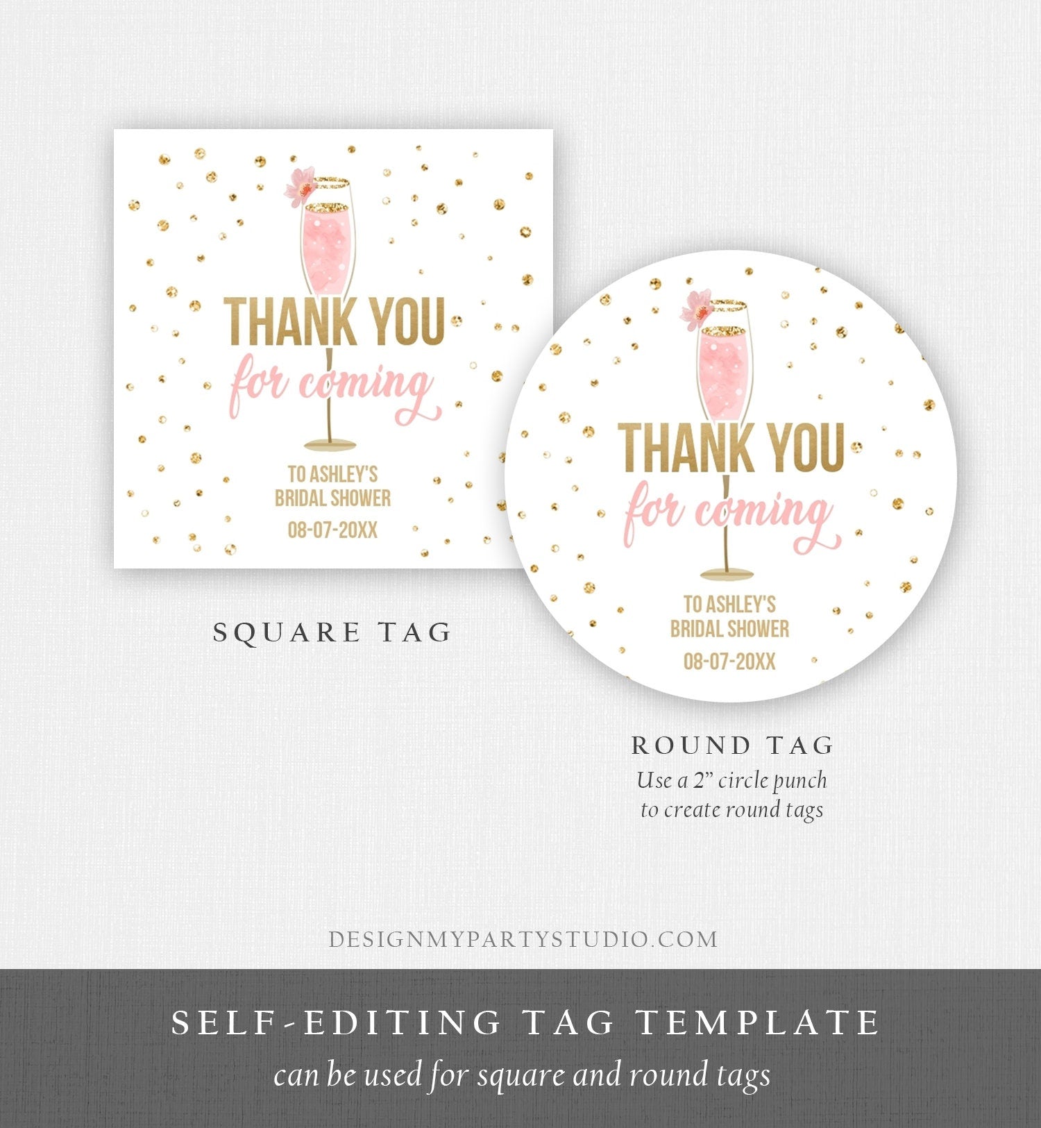 Editable Brunch and Bubbly Thank you Stickers Bubbly Bridal shower favor tags Pink Gold Floral printable Tag Template PRINTABLE Corjl 0150