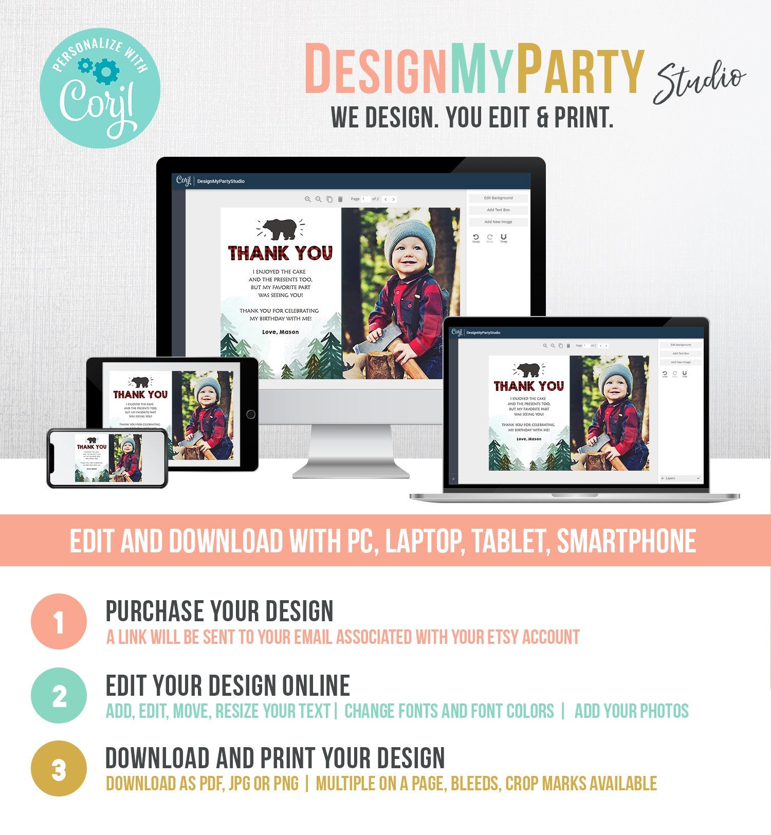 Editable Lumberjack Thank You Card Birthday Rustic Wild One Bear Forest Buffalo Plaid Trees Digital Download Template Printable 0377