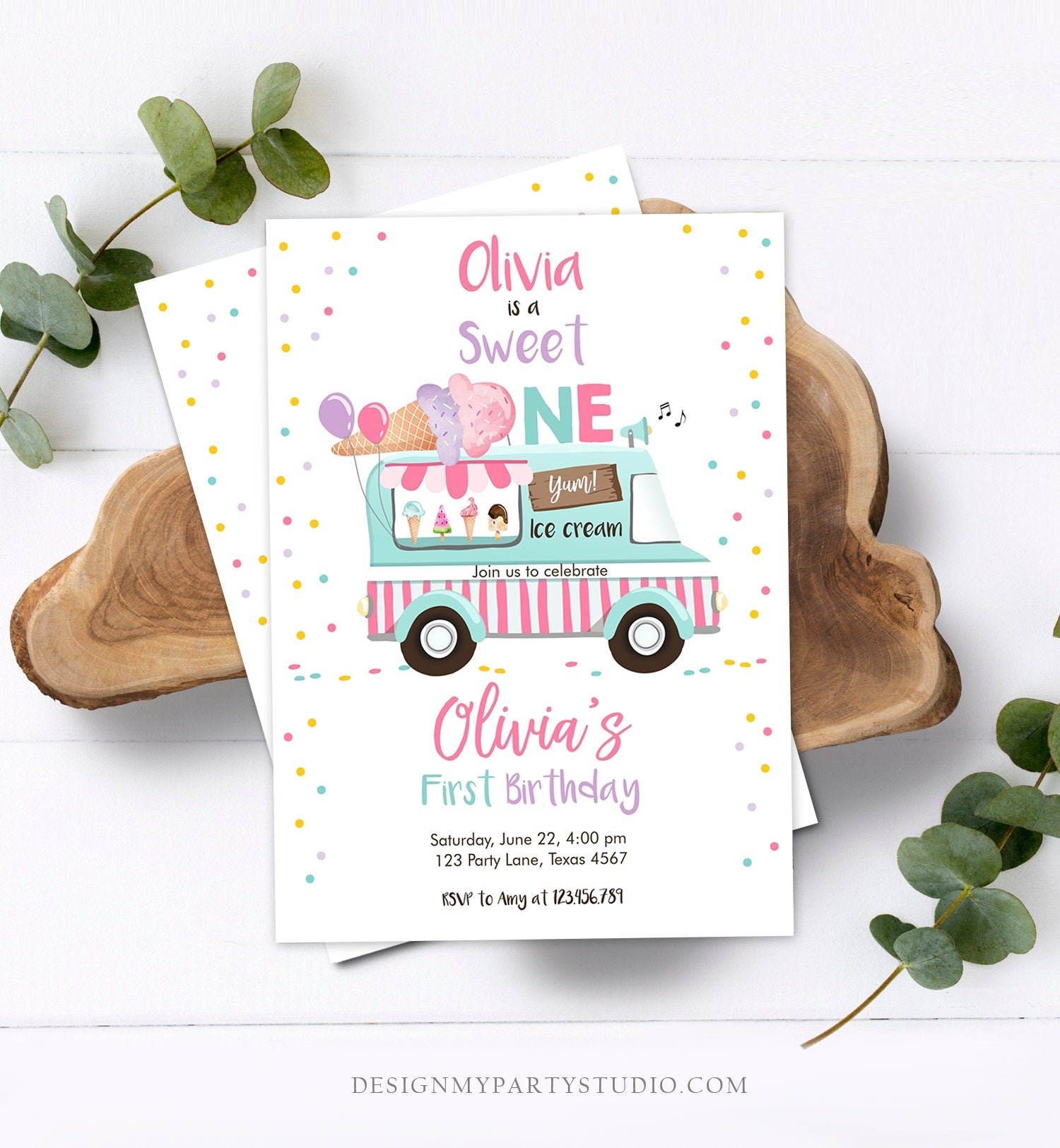 Editable Ice Cream Truck Birthday Invitation Ice Cream Sweet One 1st Birthday Party Cone Pink Mint Purple Digital Template Printable 0243