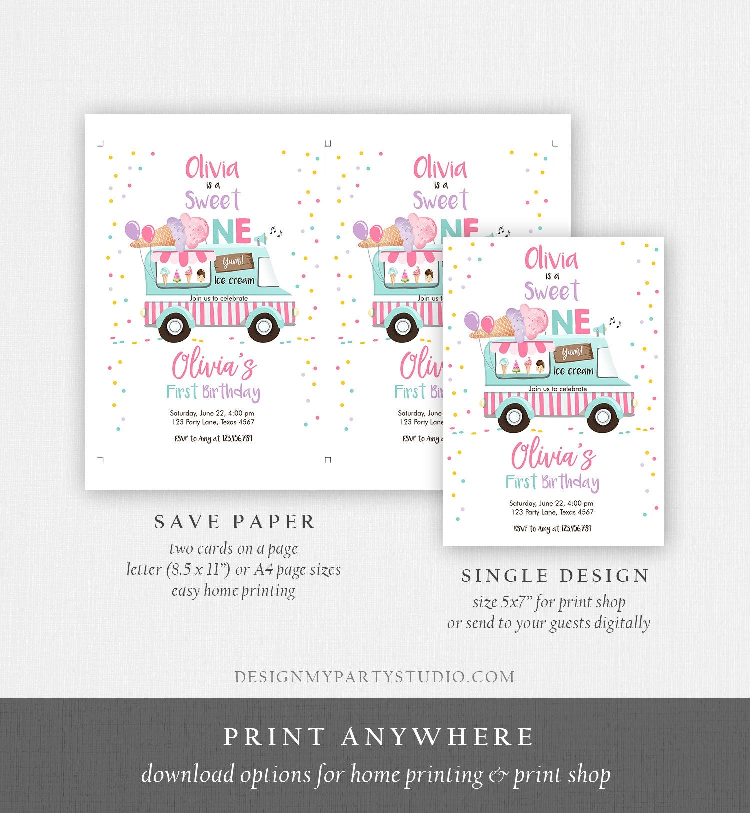 Editable Ice Cream Truck Birthday Invitation Ice Cream Sweet One 1st Birthday Party Cone Pink Mint Purple Digital Template Printable 0243