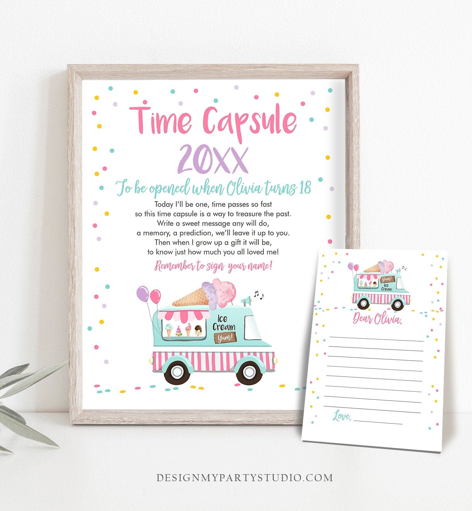 Editable Ice Cream Truck Time Capsule First Birthday Party Ice Cream Birthday Summer Party Decor Scoop Girl Digital Template Printable 0243