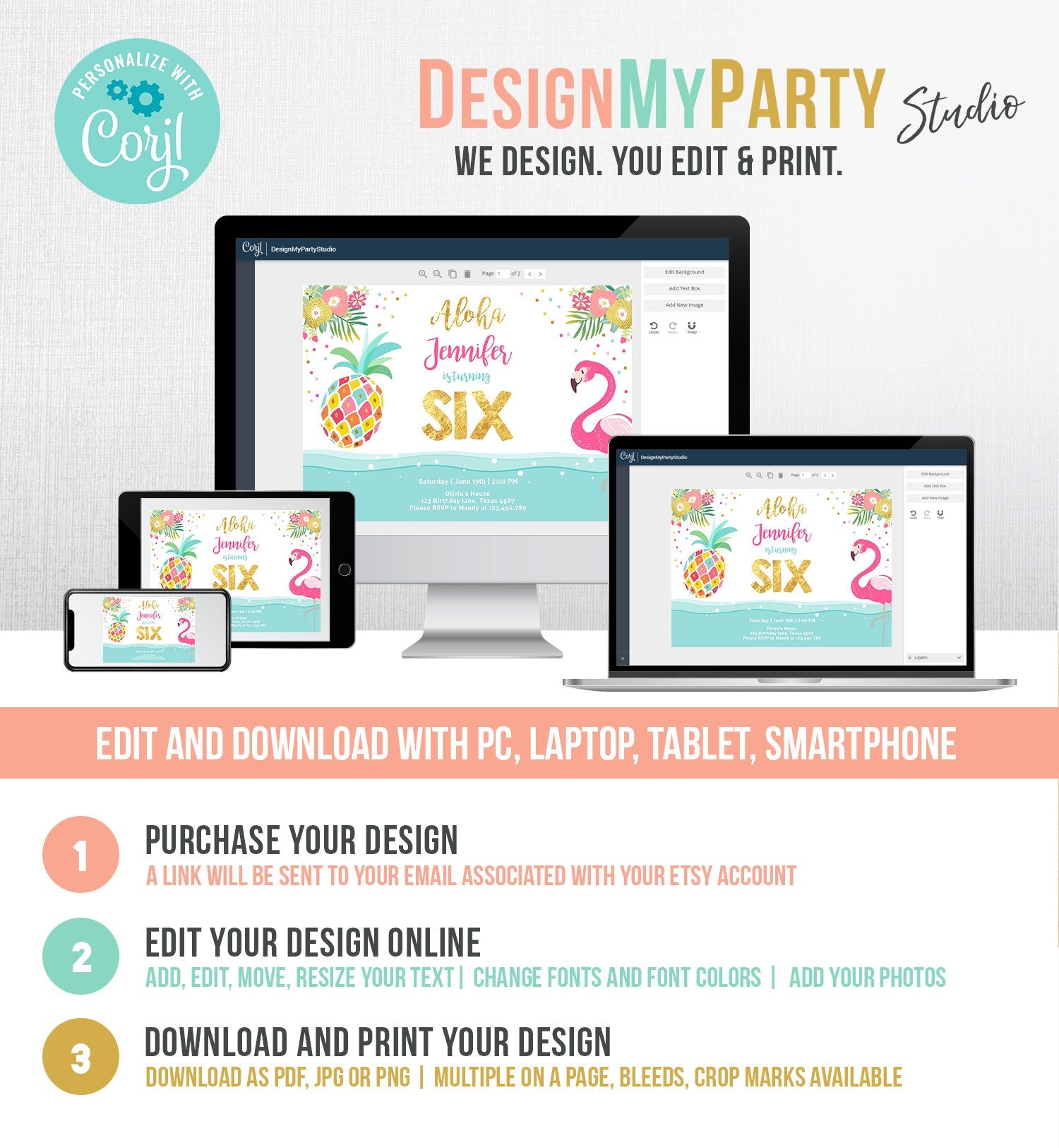 Editable Aloha Tropical Birthday Invitation ANY AGE Flamingo Pineapple Luau Party Leaves Pink Gold Hawaiian Corjl Template Printable 0200