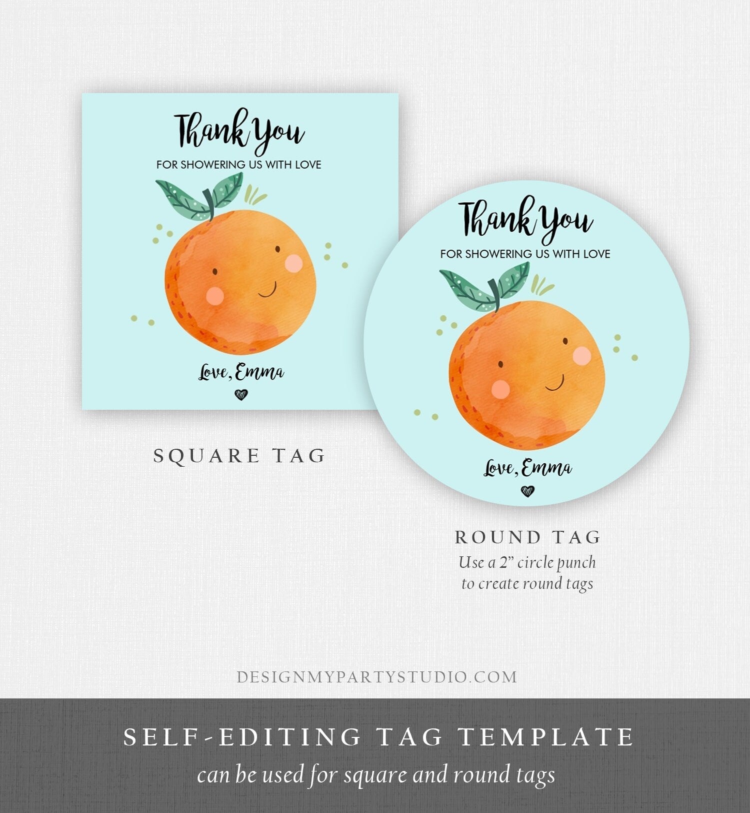 Editable A Little Cutie is on The Way Favor Tag Orange Clementine Baby Shower Cutie Gift Blue Boy Square Round Template Corjl Printable 0330