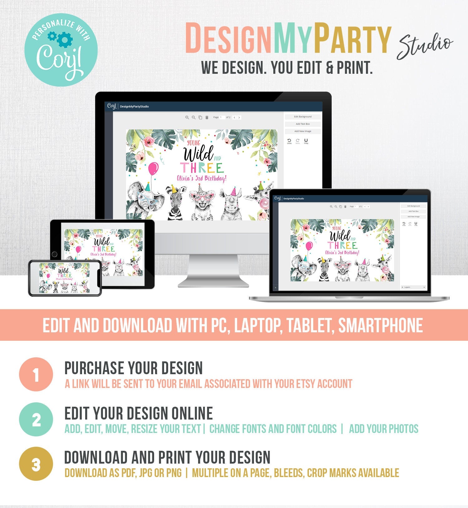 Editable Party Animals Birthday Backdrop Banner Safari Animals Girl Pink Wild and Three Sign Digital Download Template Printable 0322