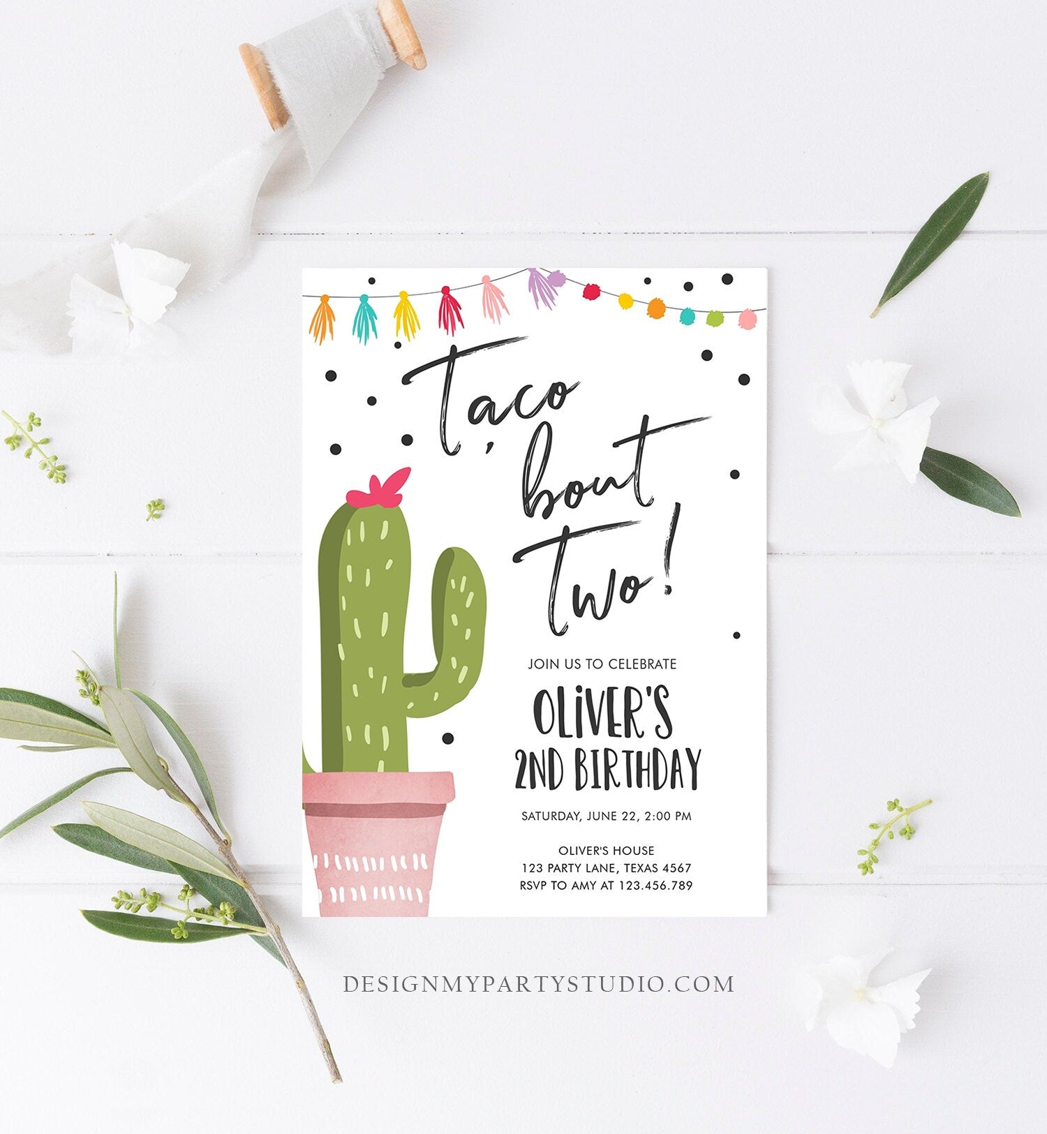 Editable Taco Bout a Party Birthday Invitation ANY AGE Girl Boy Cactus Fiesta Mexican Second Birthday Download Printable Corjl Template 0254