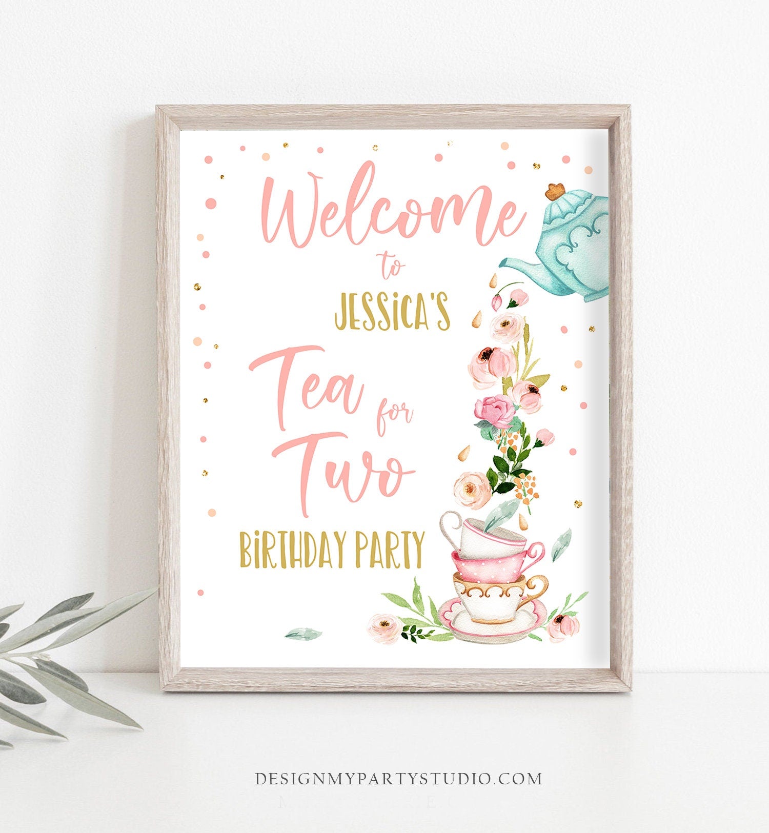 Editable Tea for Two Party Welcome Sign Tea Birthday Welcome Floral Pink Peach Girl 2nd Birthday Garden Digital Template Printable 0349