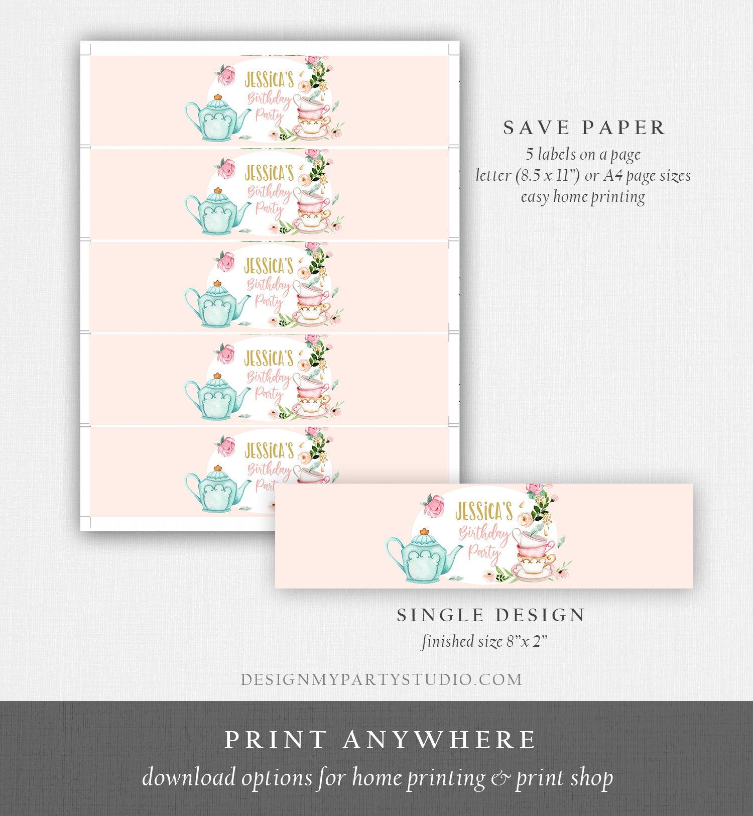 Editable Water Bottle Labels Tea Party Girl Birthday Tea for Two Birthday Flowers Pink Gold Digital Download Template Printable 0349