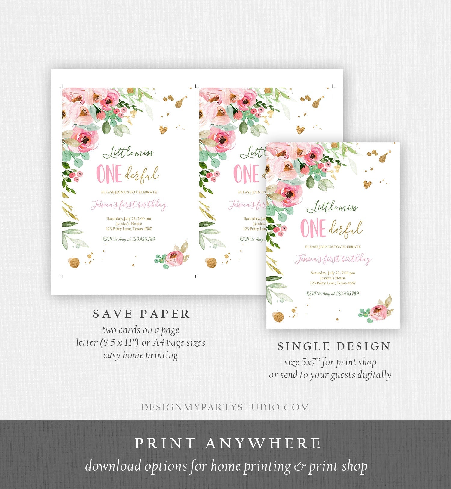 Editable Little Miss Onederful Birthday Invitation 1st Birthday Girl Pink Gold Floral Download Printable Template Corjl Digital 0147