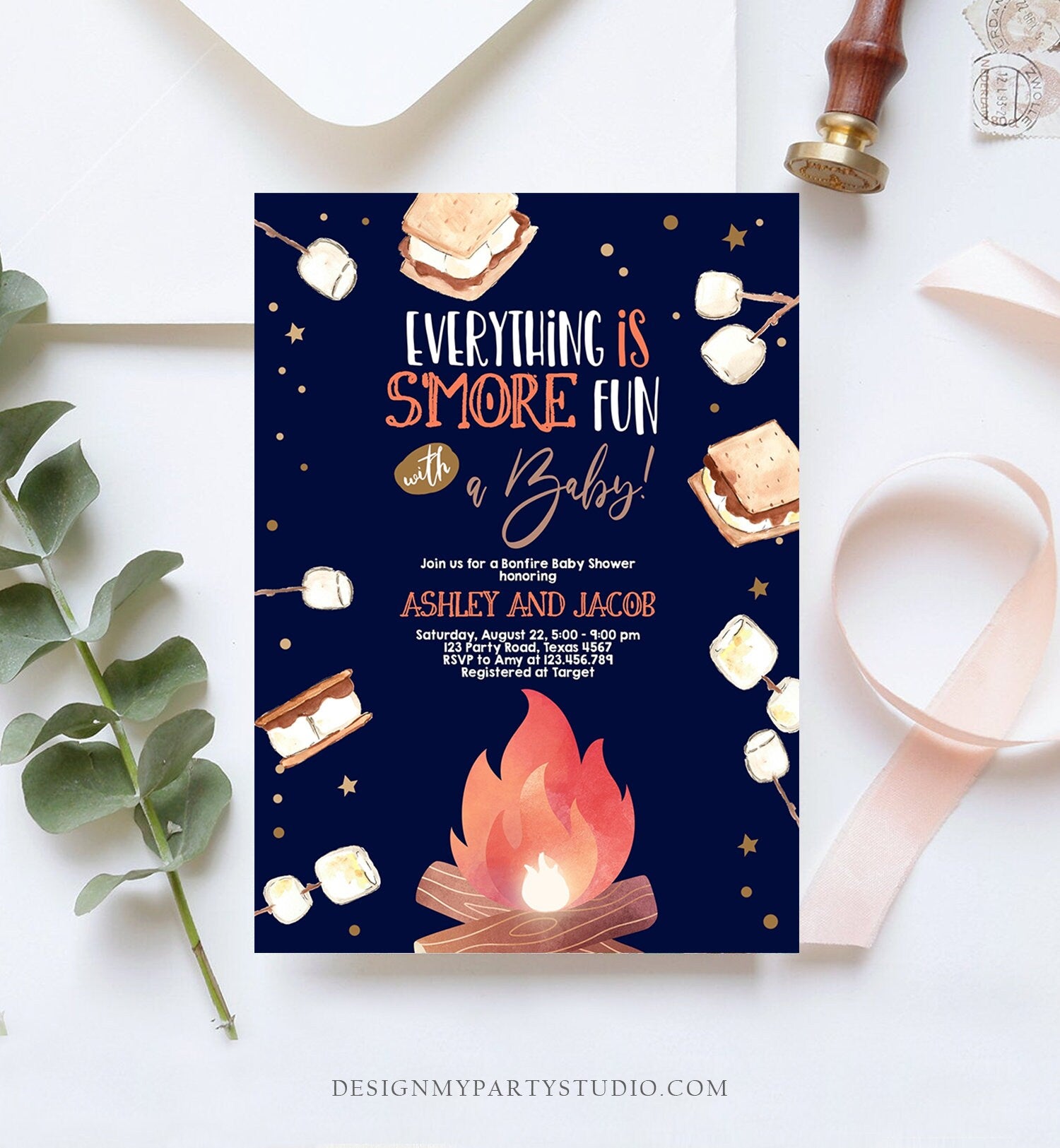 Editable S'more Baby Shower Invitation Bonfire Baby Shower Autumn Couples Fall Smores Neutral Digital Download Template Printable 0179