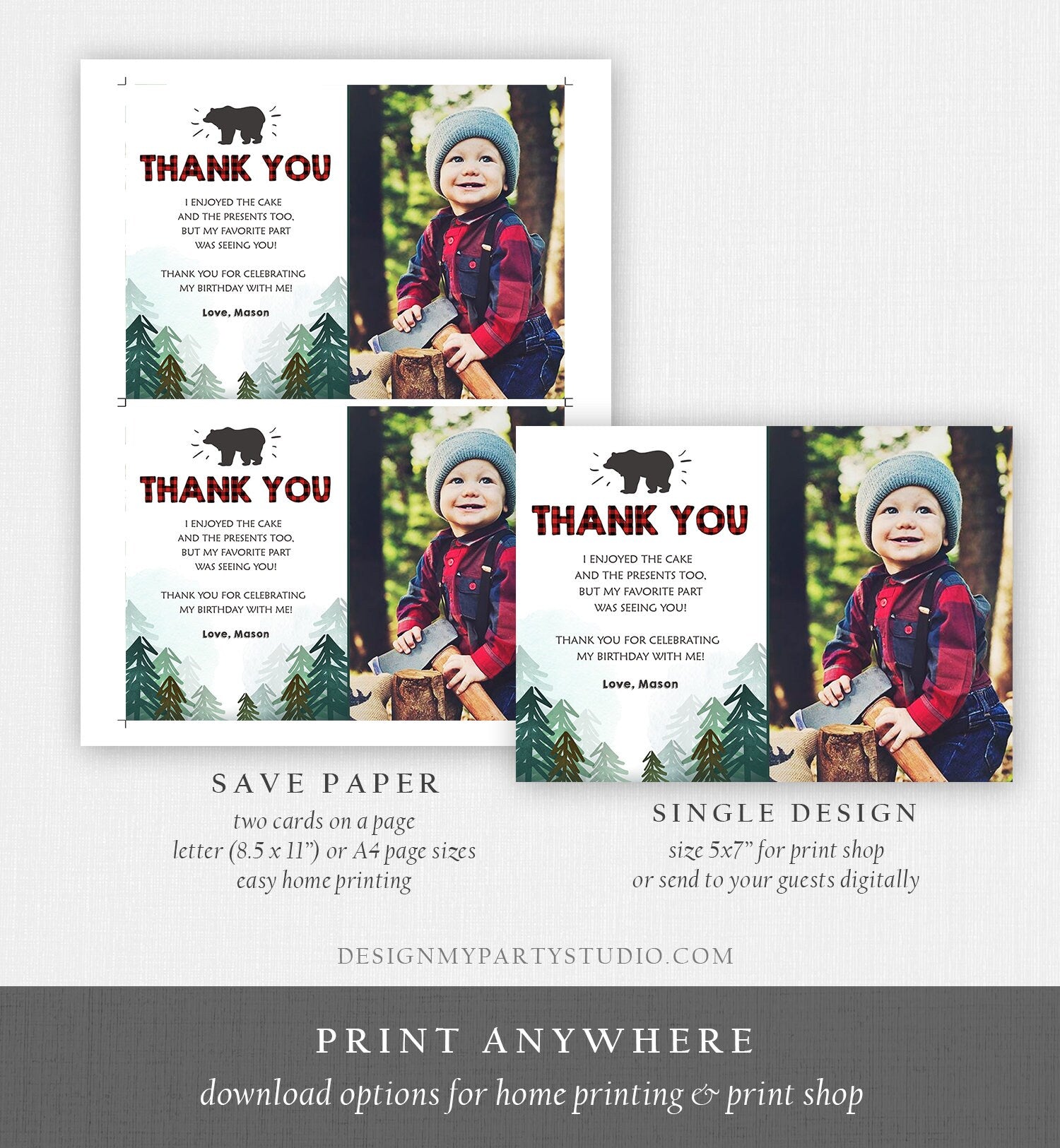 Editable Lumberjack Thank You Card Birthday Rustic Wild One Bear Forest Buffalo Plaid Trees Digital Download Template Printable 0377