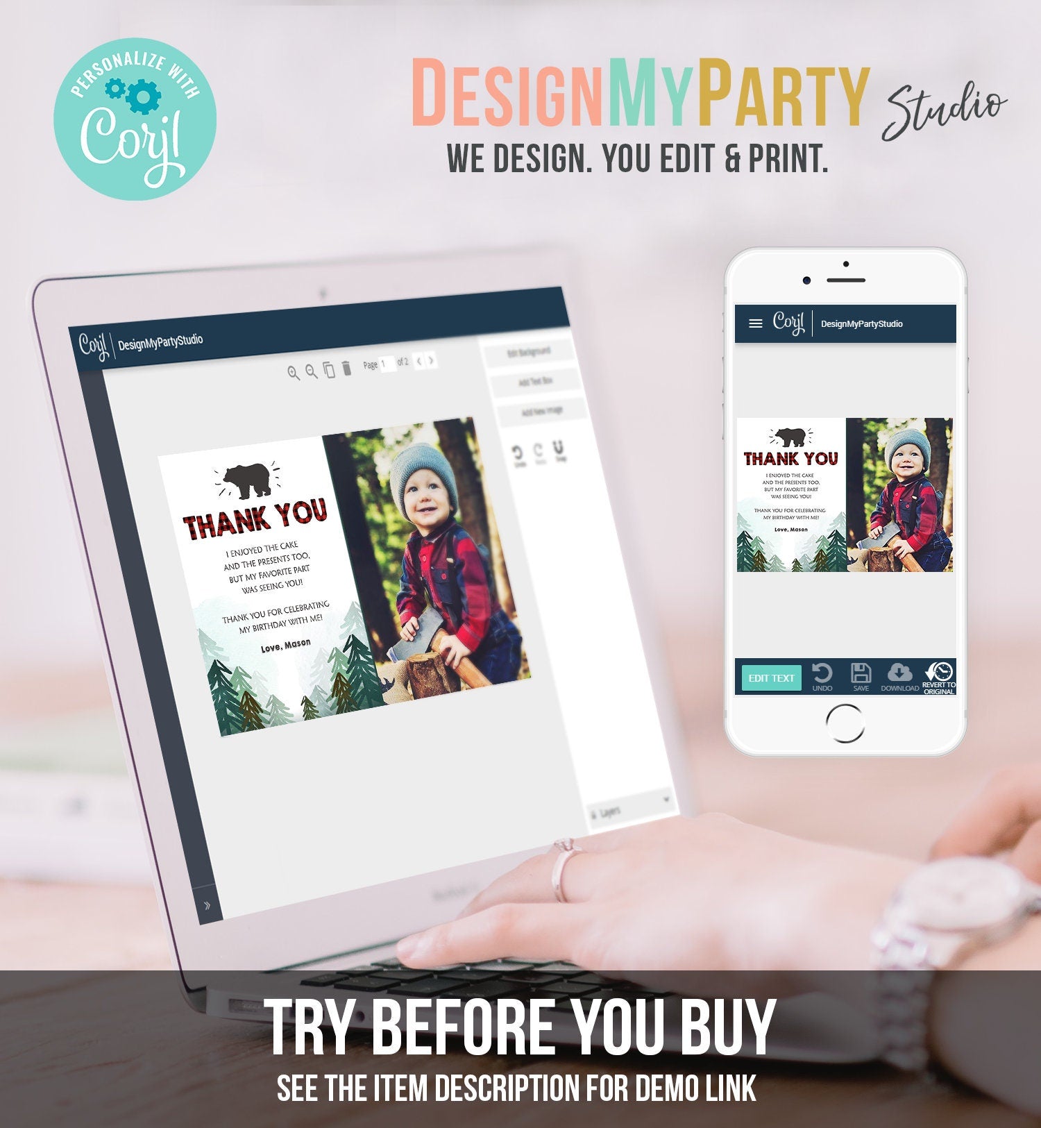 Editable Lumberjack Thank You Card Birthday Rustic Wild One Bear Forest Buffalo Plaid Trees Digital Download Template Printable 0377