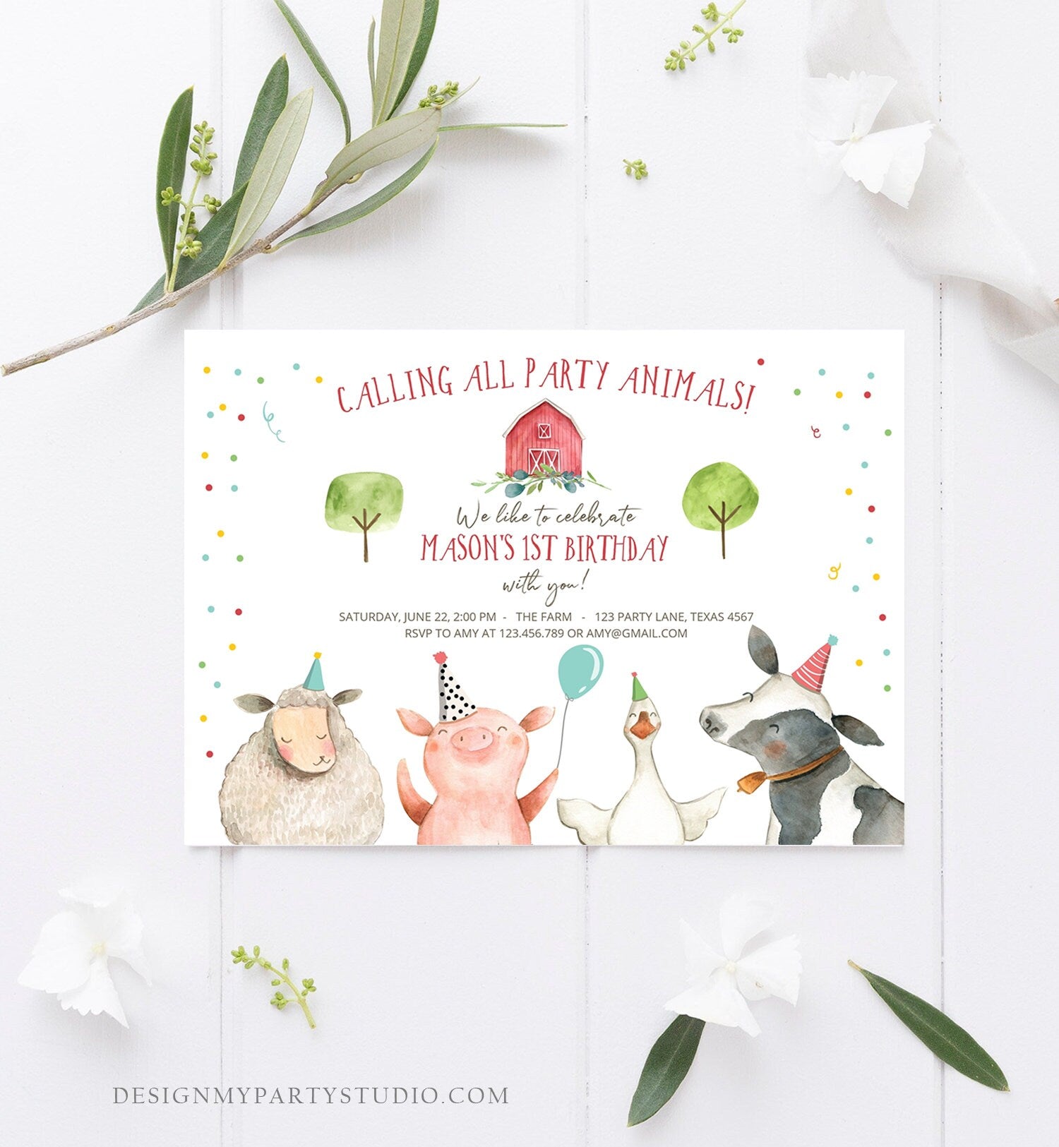 Editable Farm Birthday Invitation Boy Farm Animals Boy Barnyard Birthday Party Animals Printable Invitation Template Digital Evite 0155