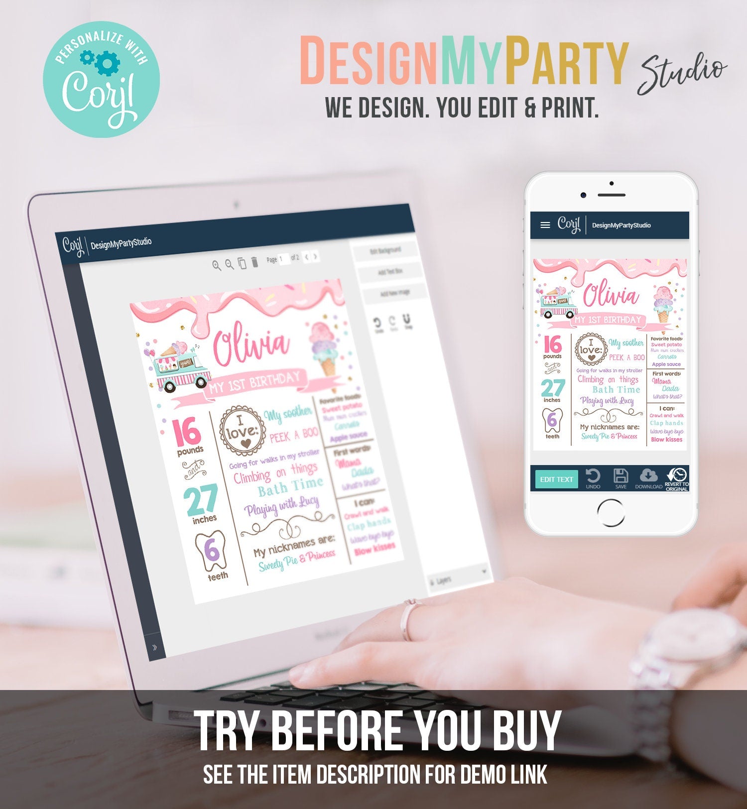 Editable Ice Cream Birthday Milestones Sign Girl Pink First Birthday Ice Cream Truck 1st Cone Sweet Download Corjl Template Printable 0243