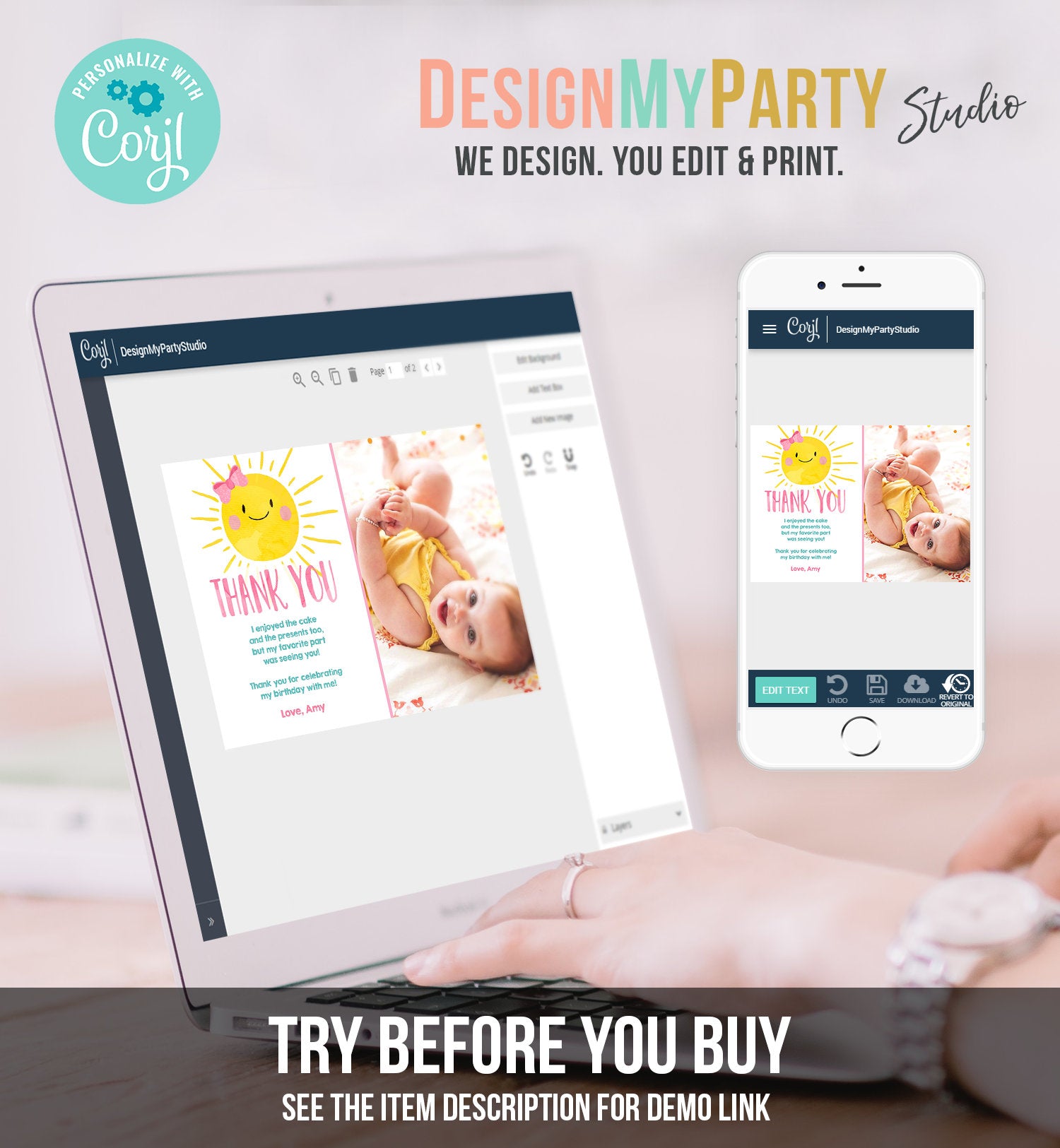 Editable Little Sunshine Thank You Card Birthday Party Pink Girl Bow Baby Shower First Birthday Digital Download Template Printable 0141