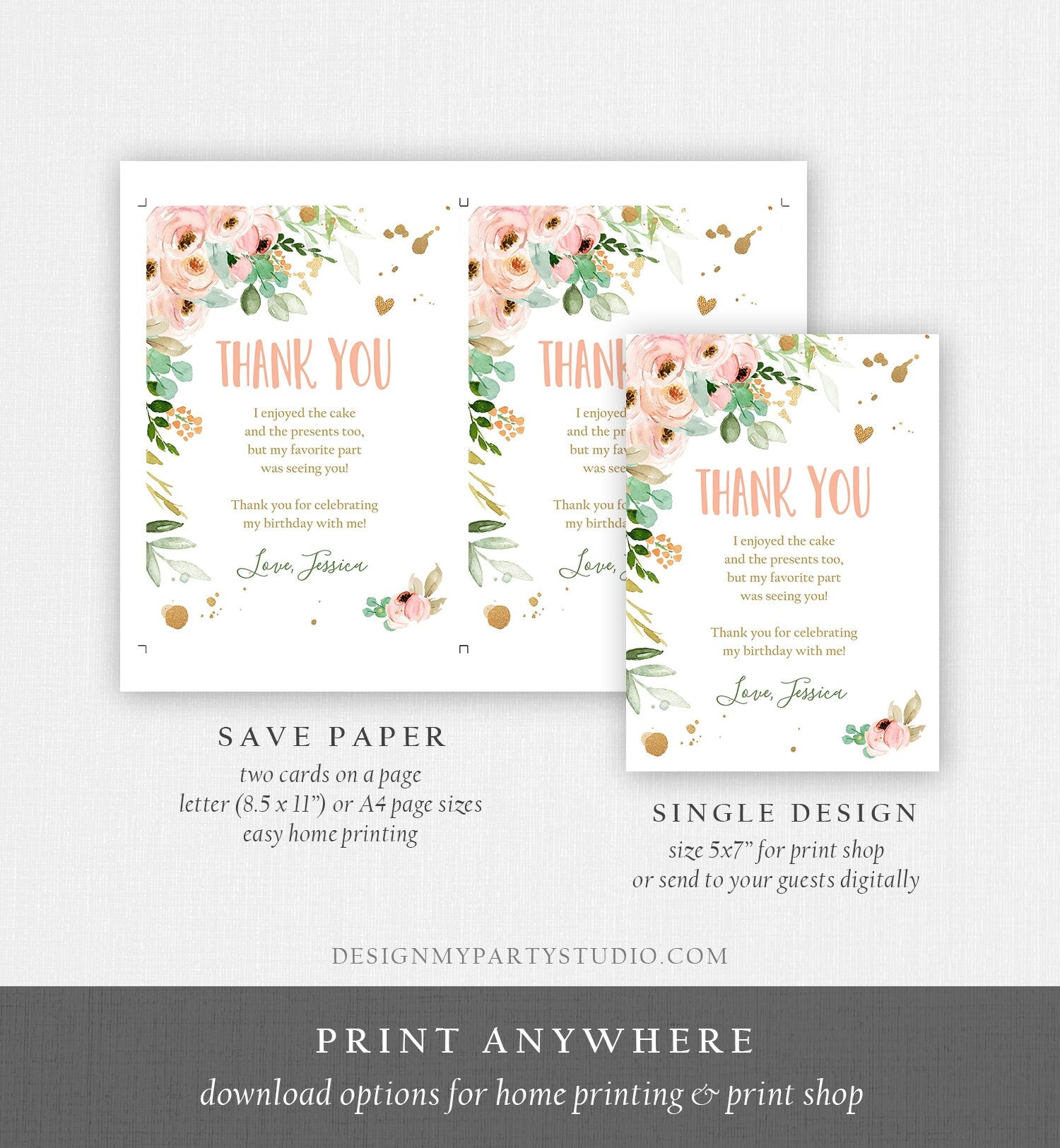 Editable Thank You Card Birthday Thank You Note Miss Onederful Pink Mint Gold Floral Boho Flowers Digital Download Template Printable 0147