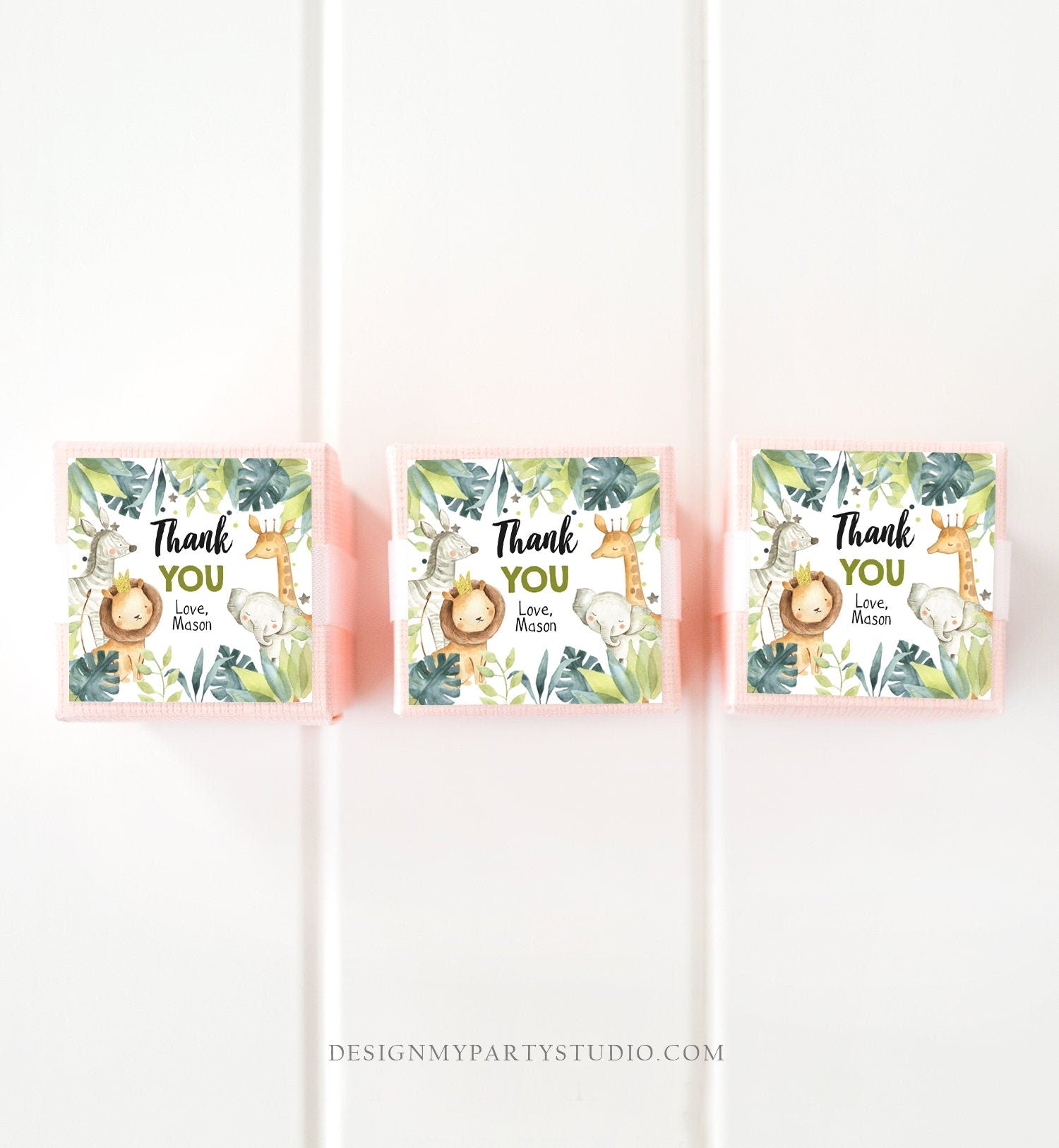 Editable Safari Thank you Tags Wild One Stickers Jungle Green Gold Animals Gift Tag Boy Zoo Safari Favor Tags Lion Template Printable 0163