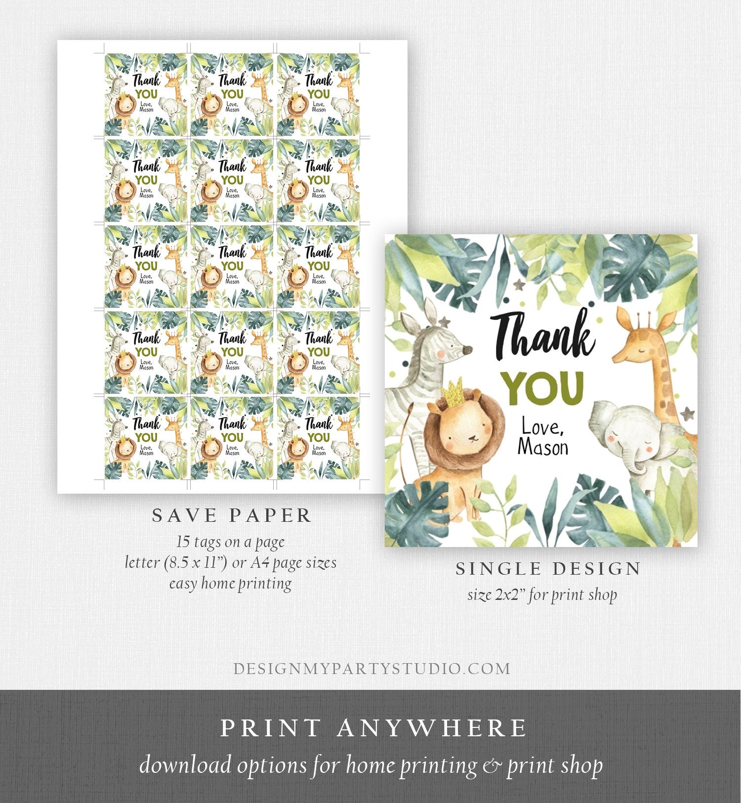 Editable Safari Thank you Tags Wild One Stickers Jungle Green Gold Animals Gift Tag Boy Zoo Safari Favor Tags Lion Template Printable 0163