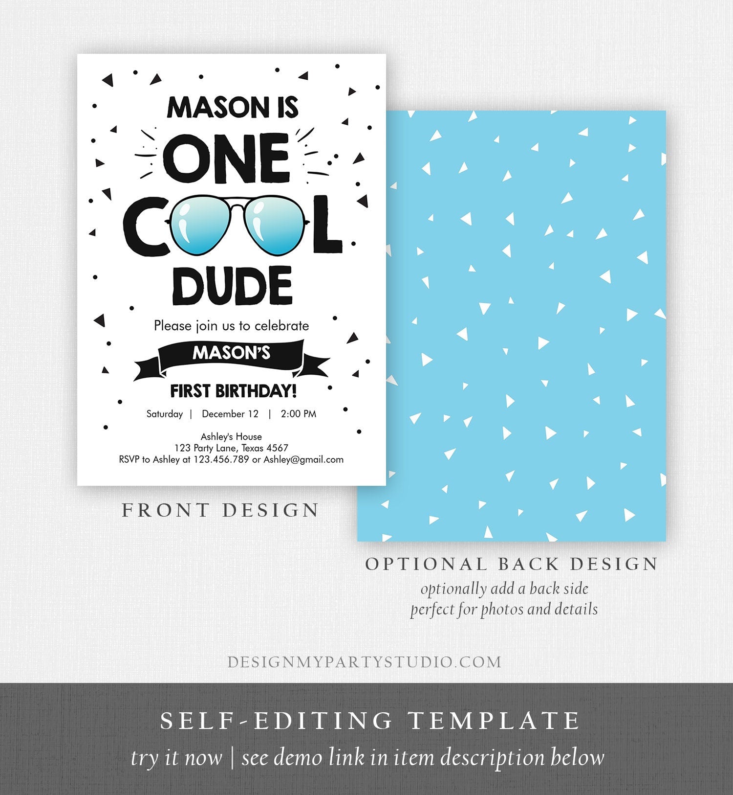 Editable One Cool Dude 1st Birthday Invitation Boy First Birthday Party Sunglasses Pilot Pool Cool One Printable Corjl Template 0136